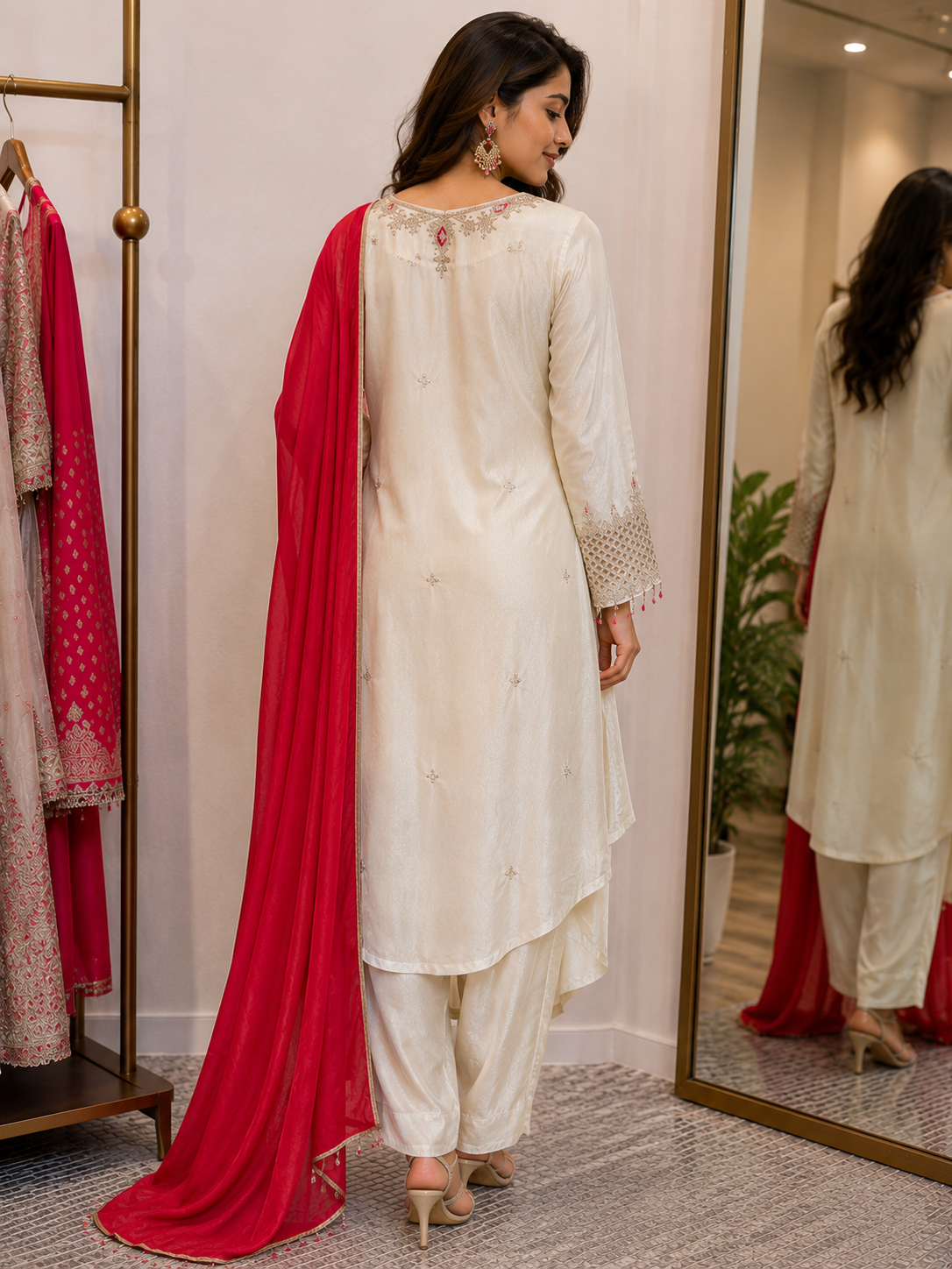 Ivory Silk Embroidered Kurta Set with Red Dupatta