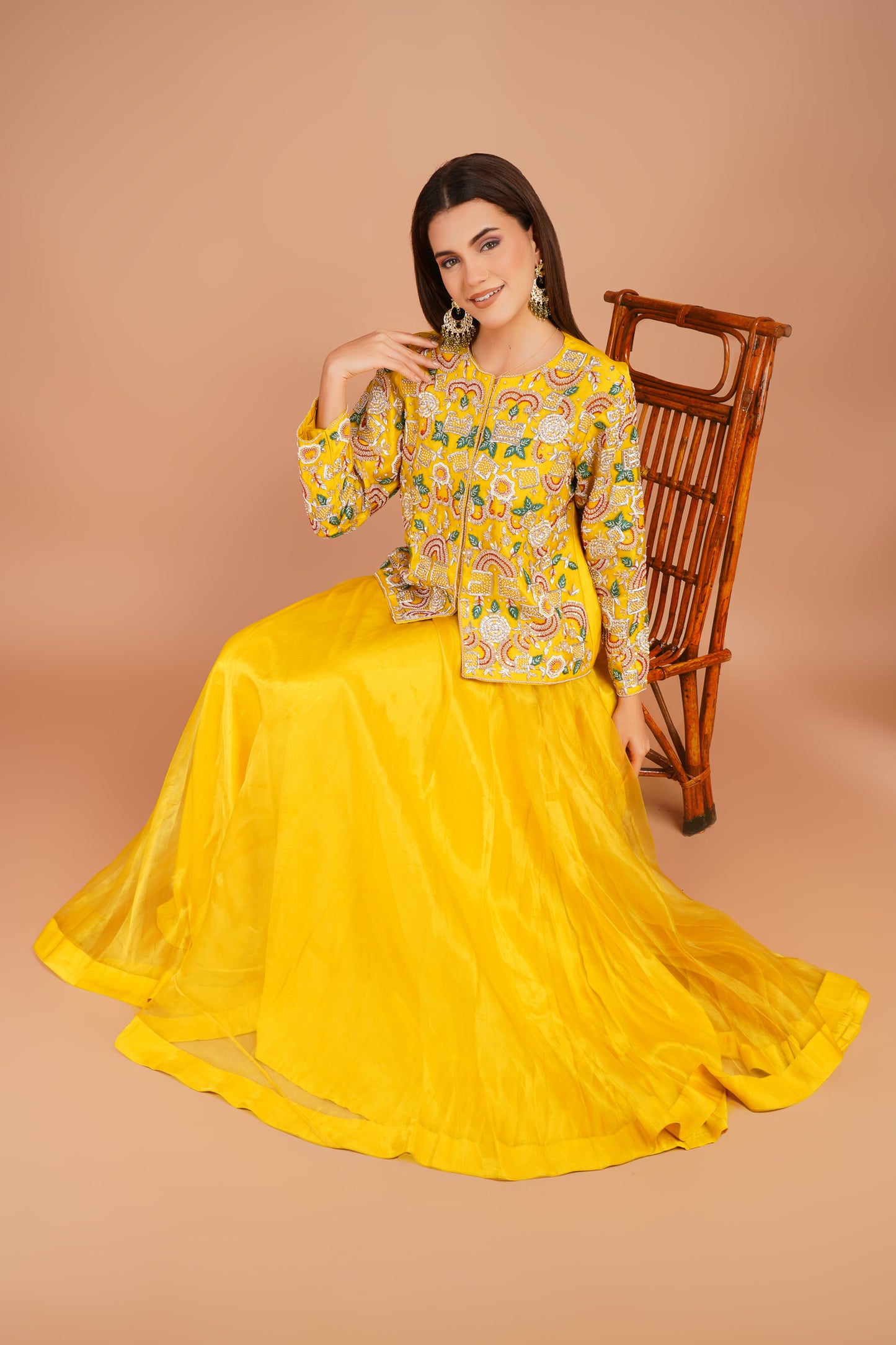 Sunlit Embroidered Jacket & Skirt Set – Festive Yellow