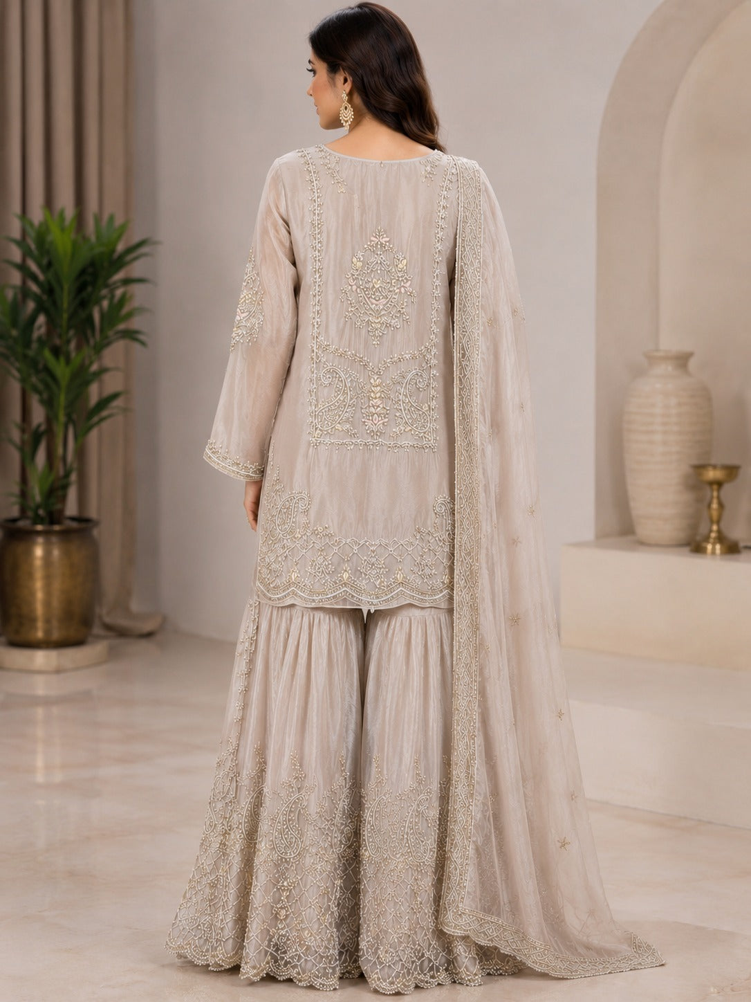 Women's Luxury Embroidered Beige Pakistani Suit Set with Sharara & Dupatta
