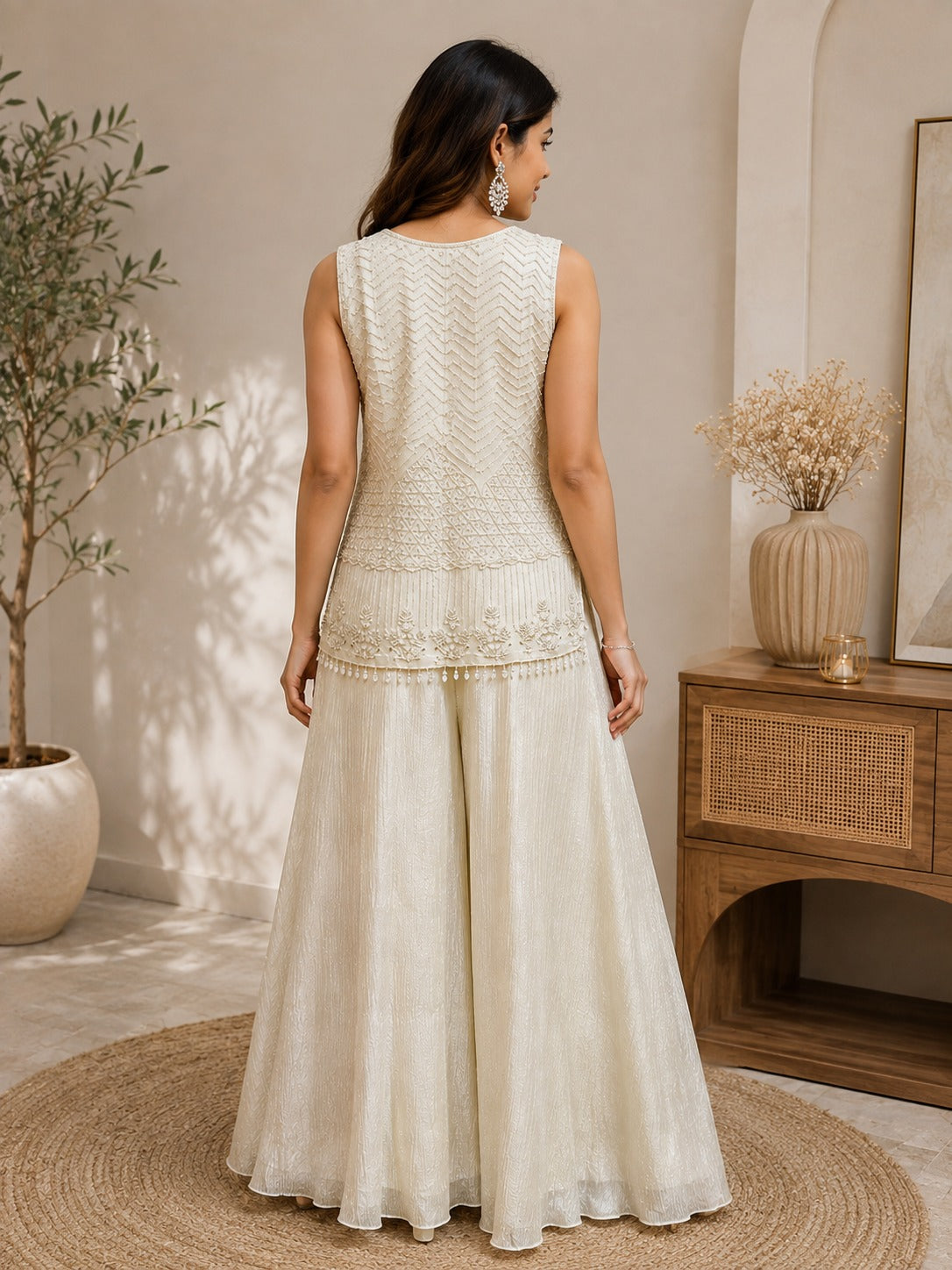 Women's Elegant Ivory Embroidered Sleeveless Kurta with Palazzo Set