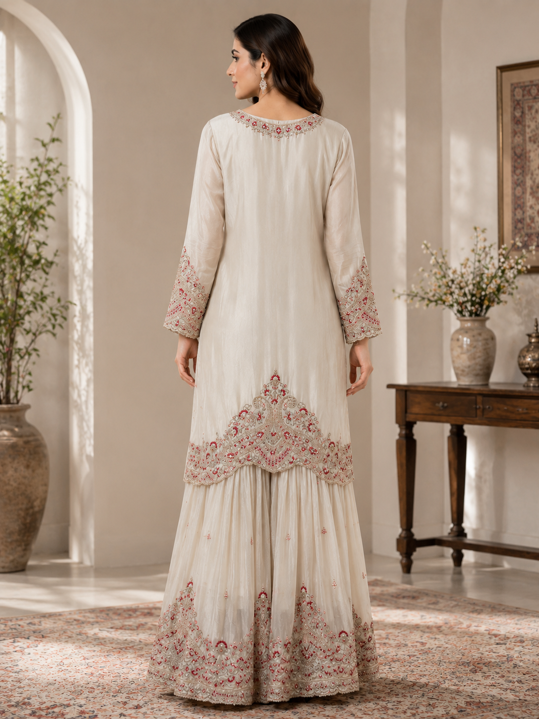 Ivory Grace Embroidered Suit Set with Crimson Dupatta