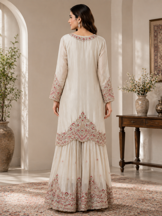 Ivory Grace Embroidered Suit Set with Crimson Dupatta