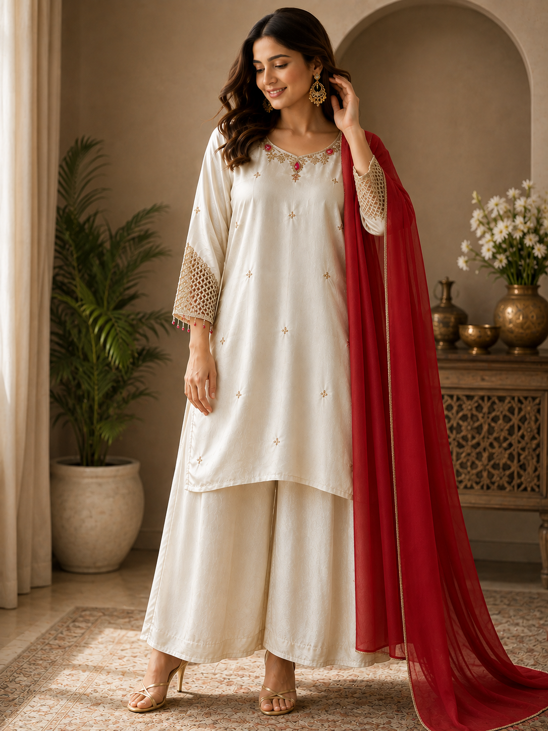 Ivory Grace Embroidered Suit Set with Crimson Dupatta