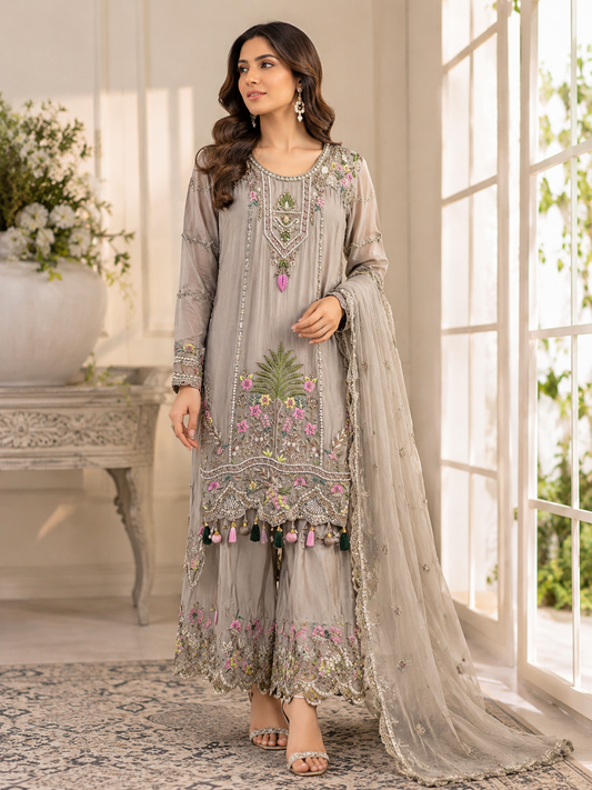 Silver Mist Embroidered Chiffon Sharara Suit Set