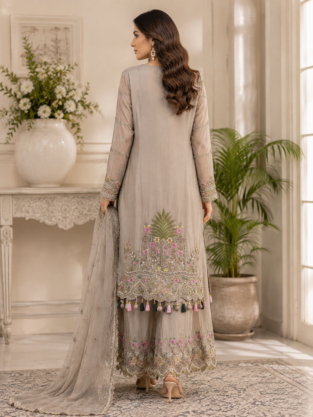 Silver Mist Embroidered Chiffon Sharara Suit Set