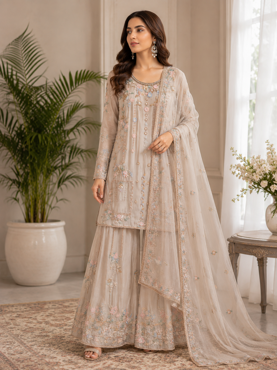 Ivory Serenity Embroidered Chiffon Palazzo Suit Set