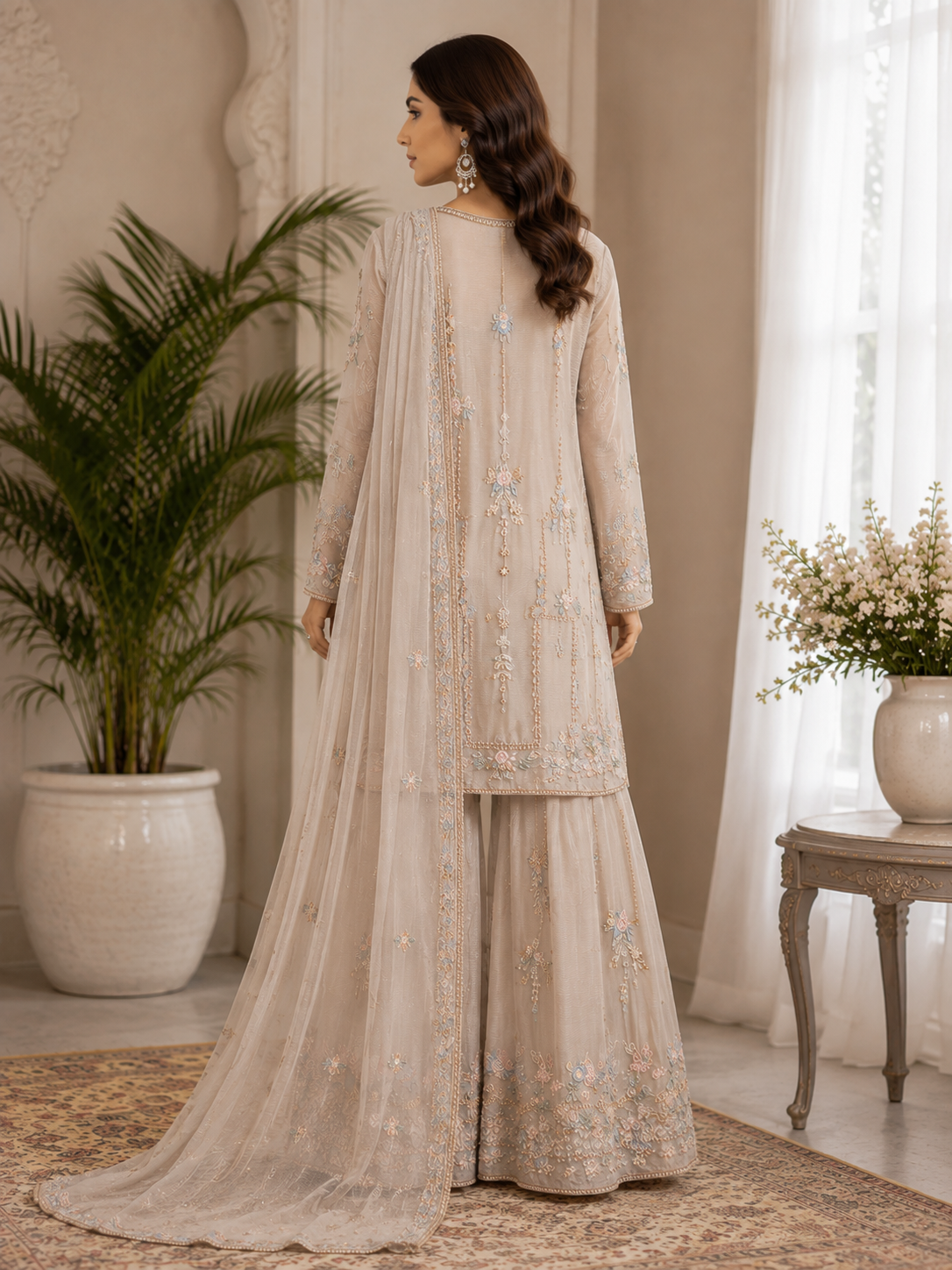 Ivory Serenity Embroidered Chiffon Palazzo Suit Set