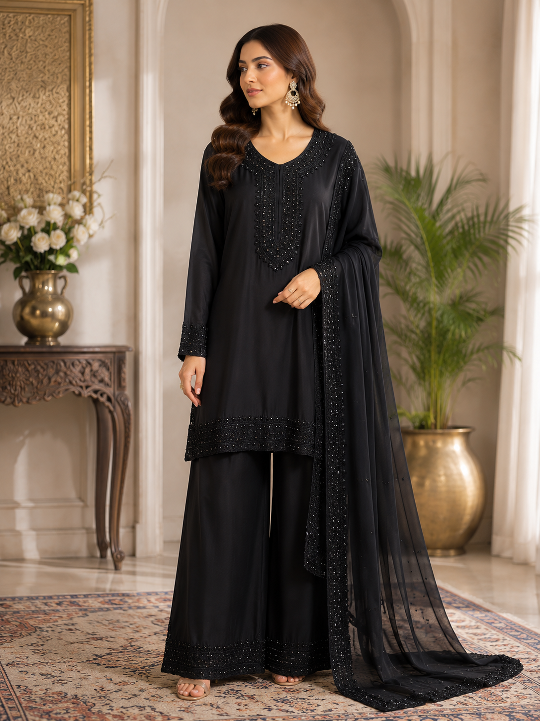 Midnight Noir Embellished Chiffon Palazzo Suit Set