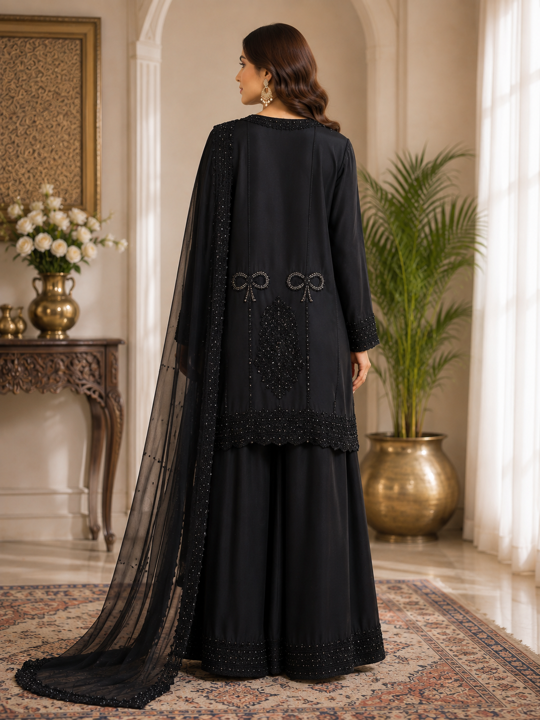 Midnight Noir Embellished Chiffon Palazzo Suit Set