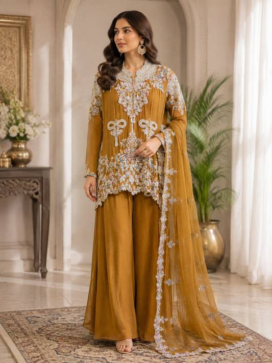 Mustard Luxe Embroidered Chiffon Palazzo Suit Set