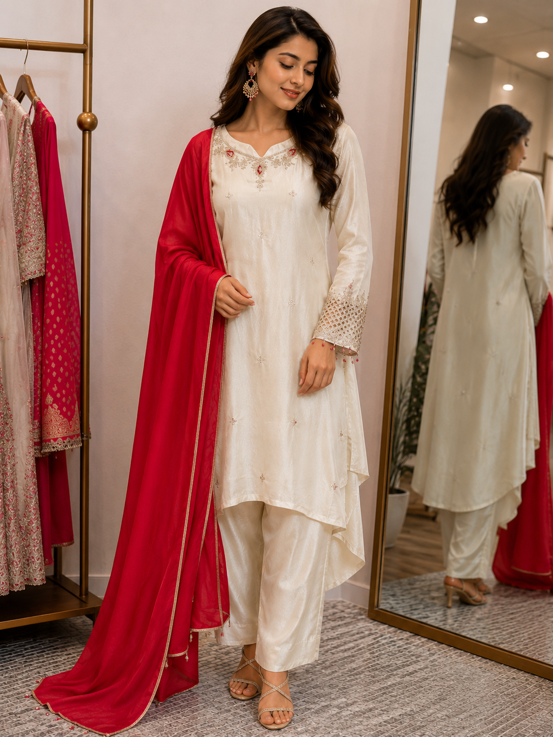 Ivory Silk Embroidered Kurta Set with Red Dupatta