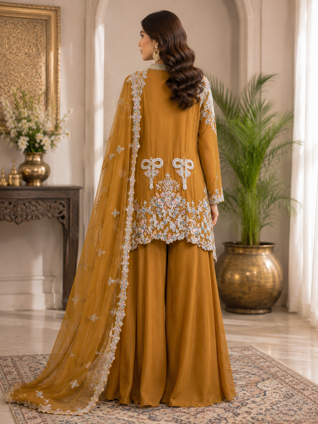 Mustard Luxe Embroidered Chiffon Palazzo Suit Set