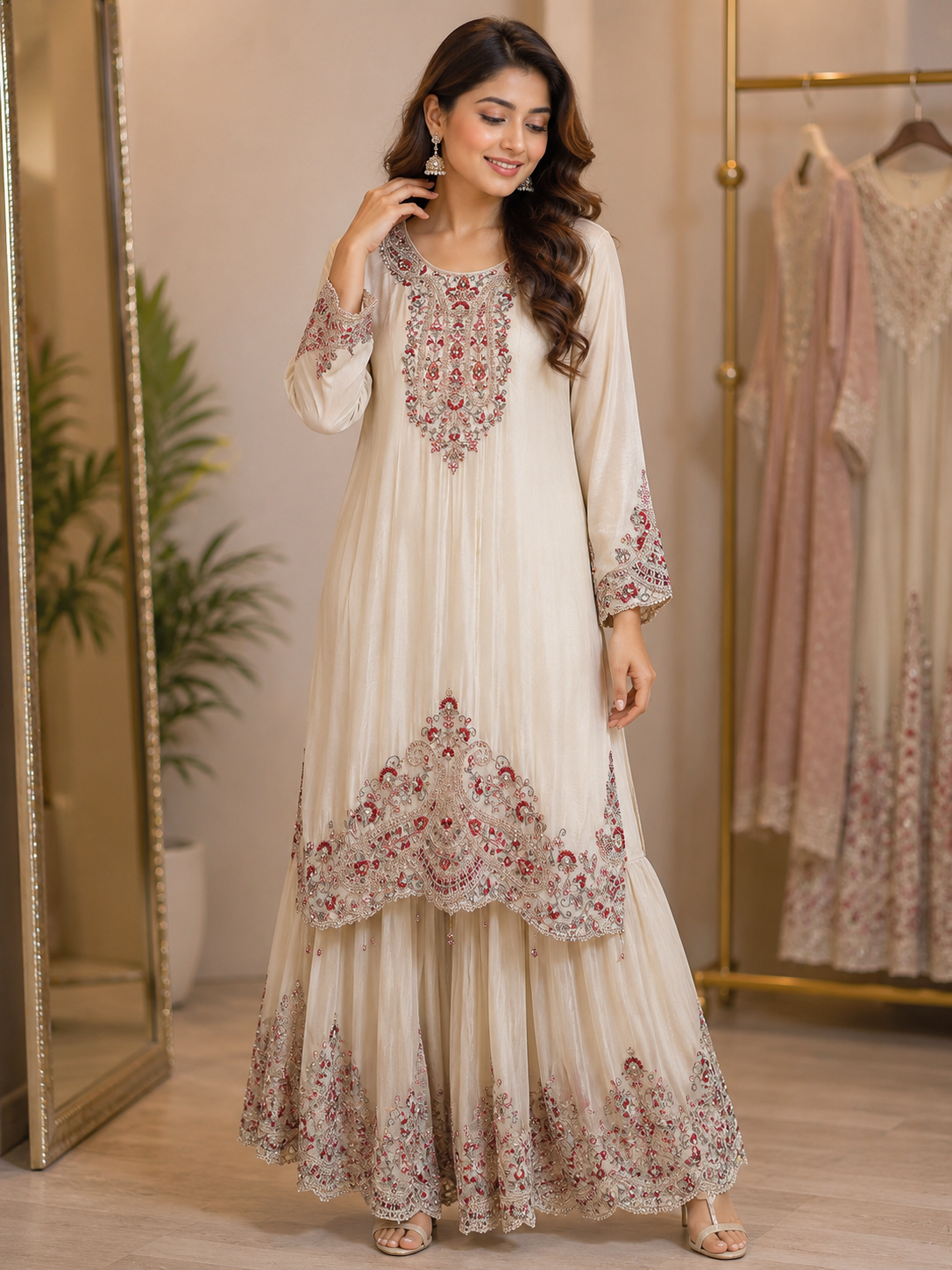 Ivory Grace Embroidered Suit Set with Crimson Dupatta