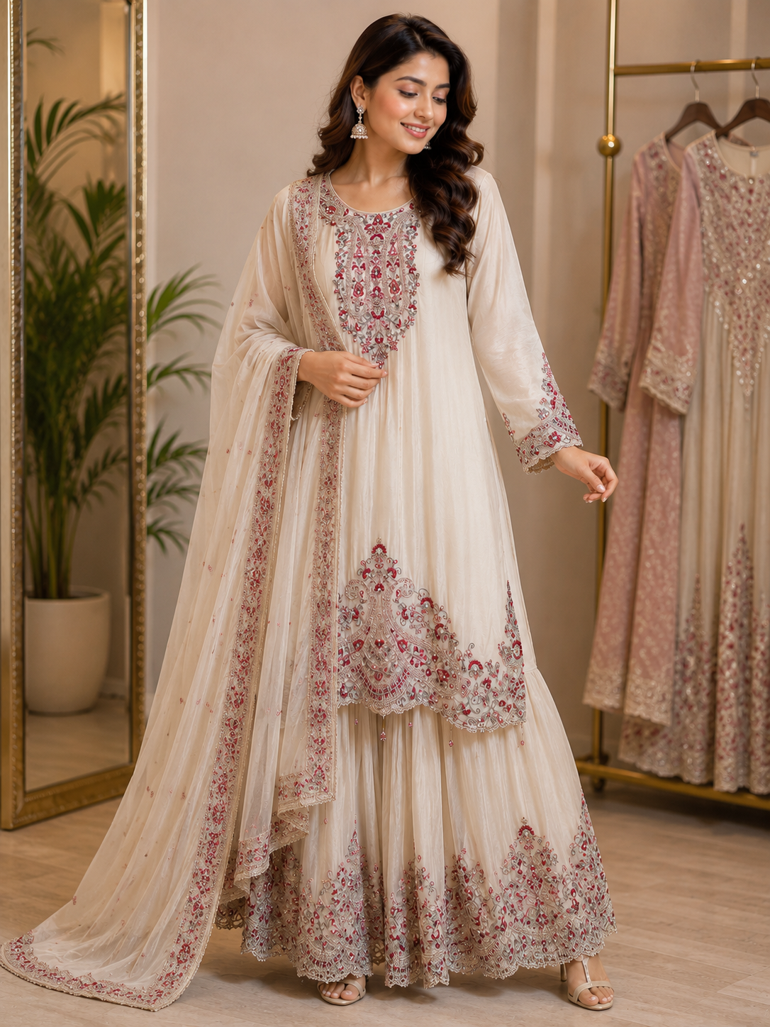 Ivory Grace Embroidered Suit Set with Crimson Dupatta