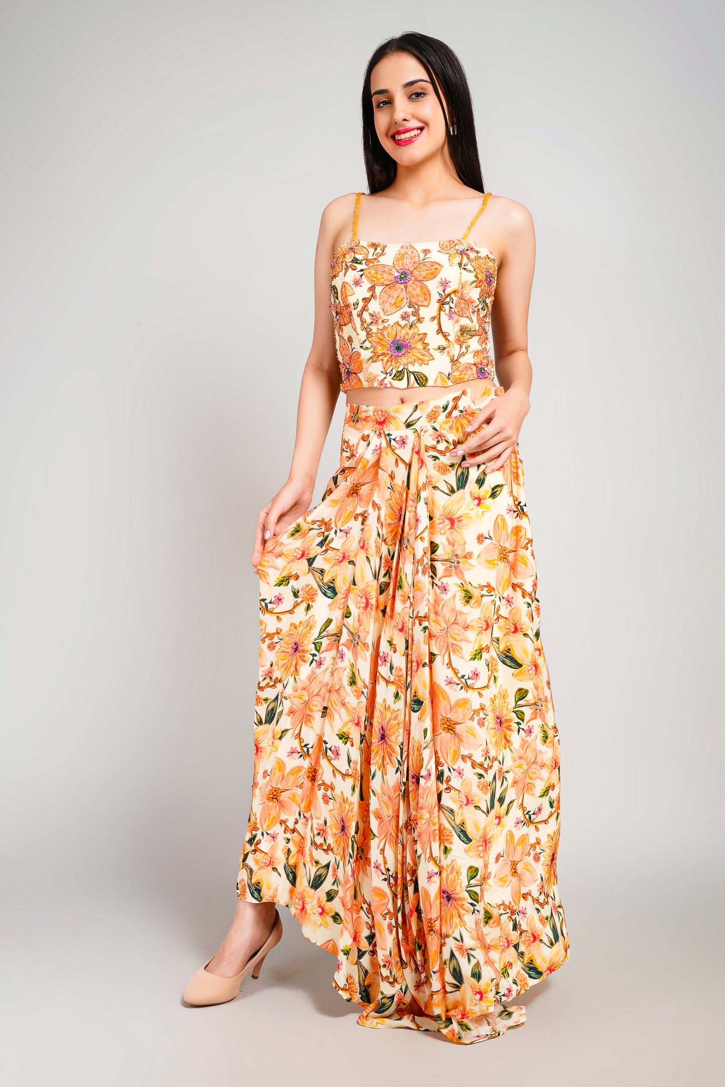Floral Fiesta Drape Sarong Set with Corset Blouse