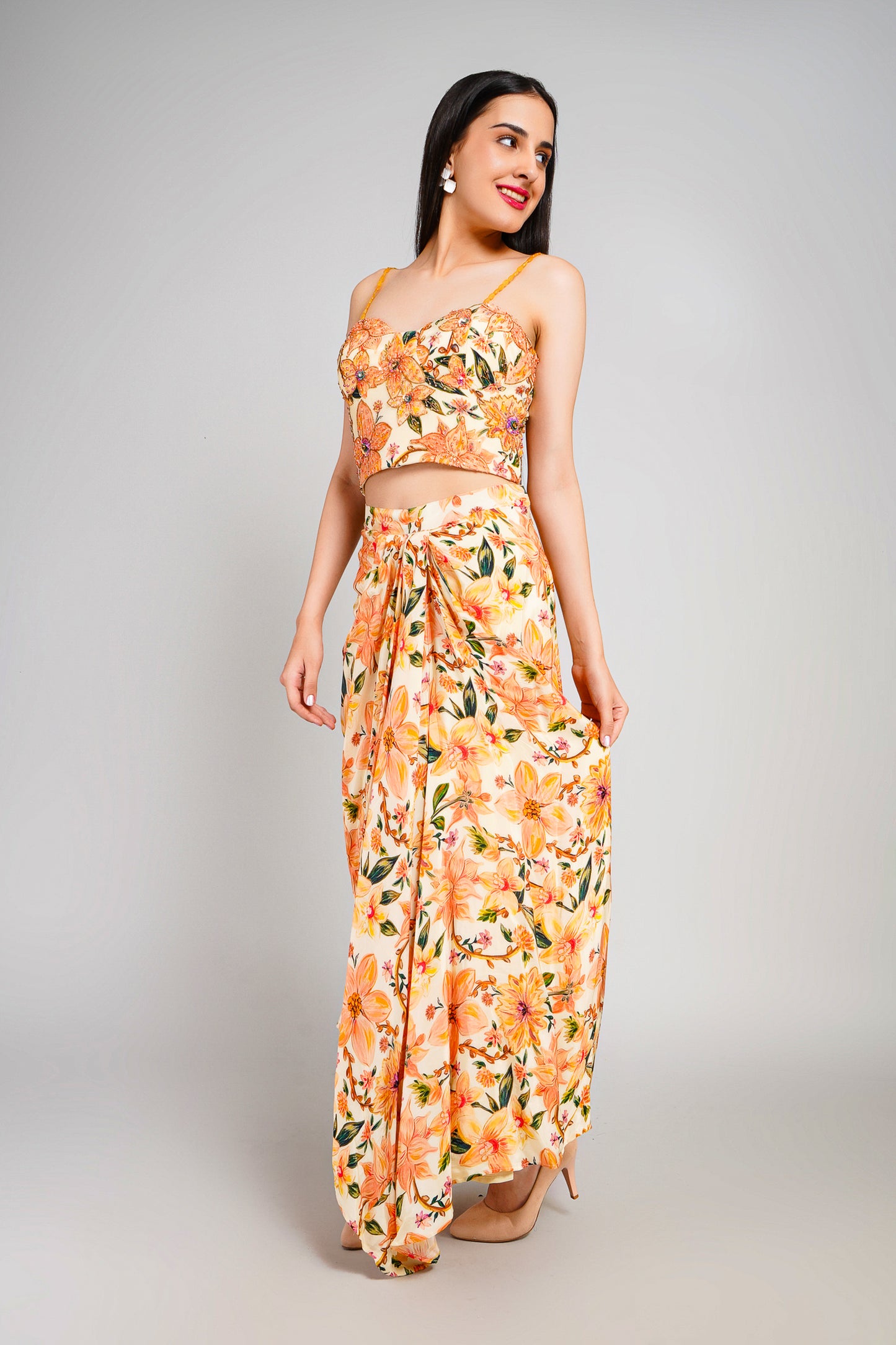 Floral Fiesta Drape Sarong Set with Corset Blouse
