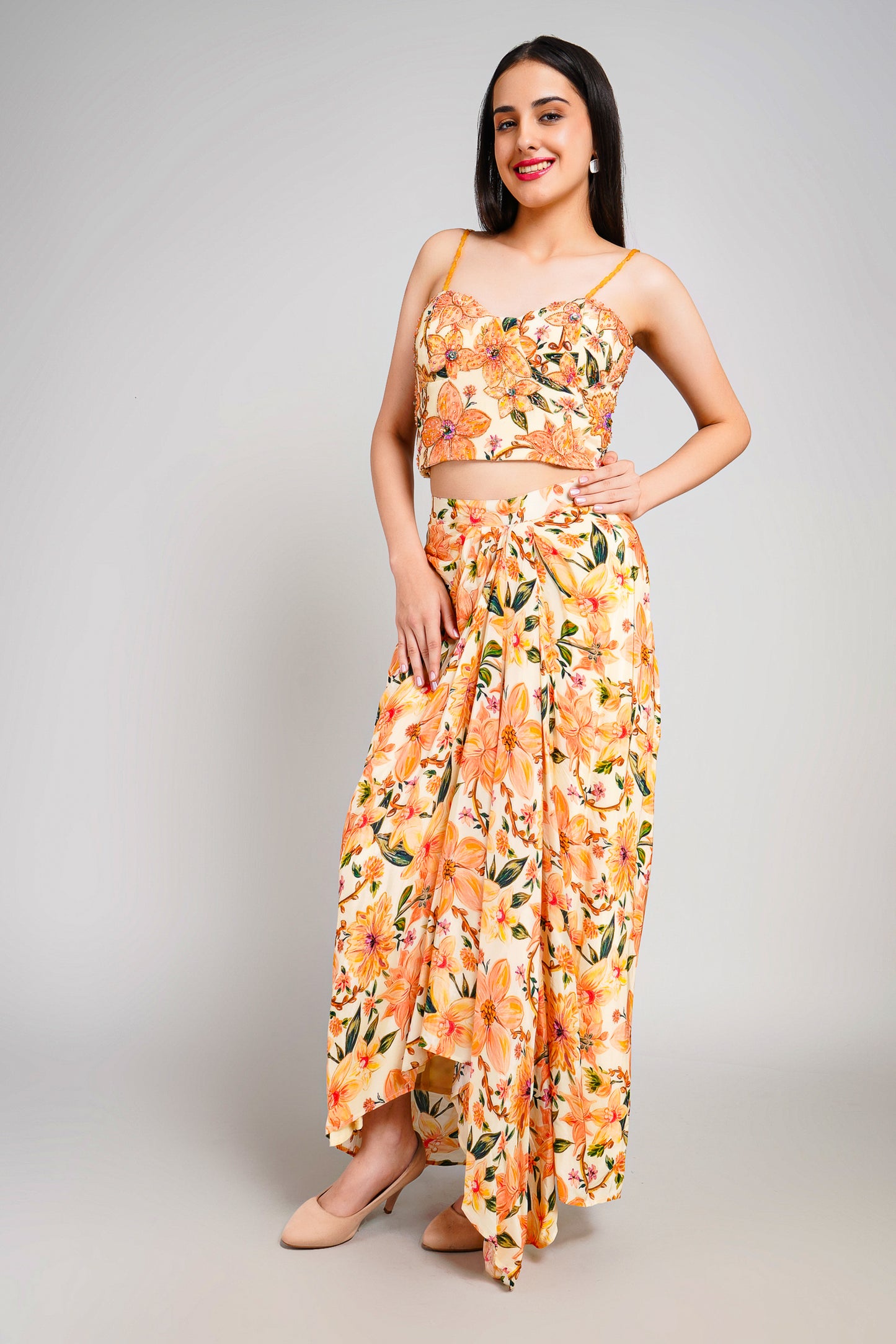 Floral Fiesta Drape Sarong Set with Corset Blouse