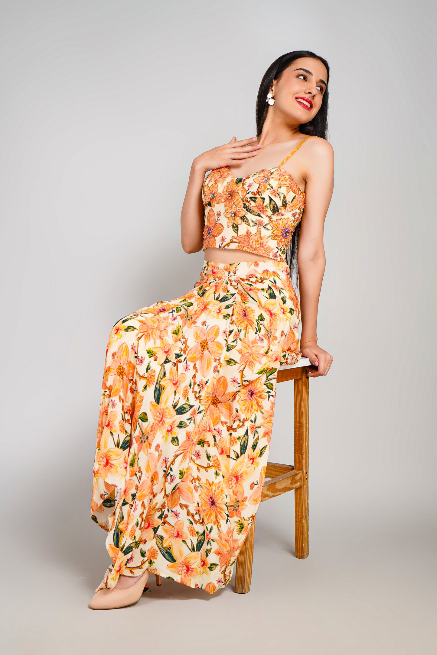 Floral Fiesta Drape Sarong Set with Corset Blouse