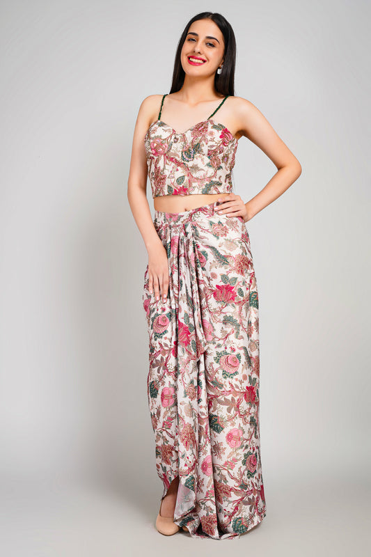Floral Fiesta Drape Sarong Set with Corset Blouse