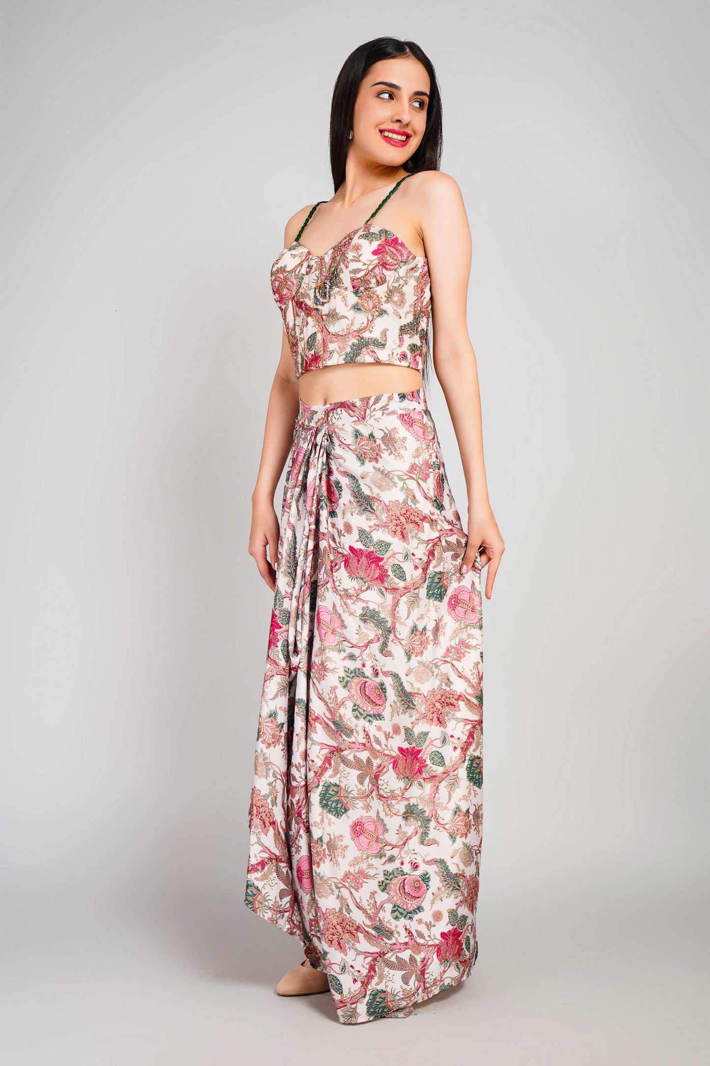 Floral Fiesta Drape Sarong Set with Corset Blouse