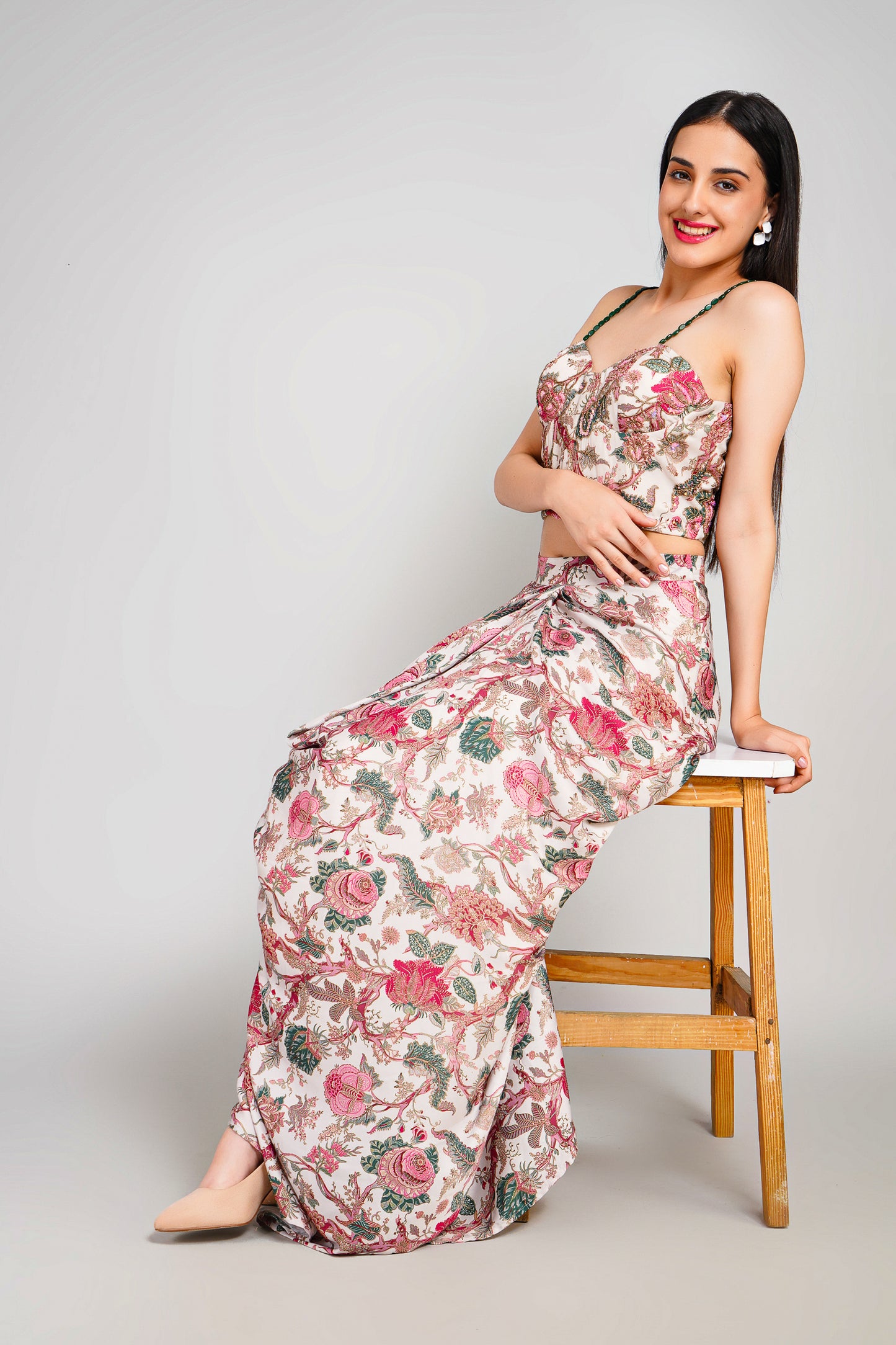 Floral Fiesta Drape Sarong Set with Corset Blouse
