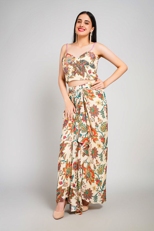 Floral Fiesta Drape Sarong Set with Corset Blouse
