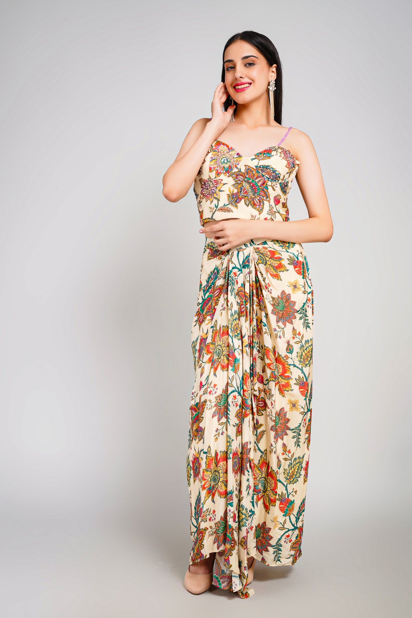Floral Fiesta Drape Sarong Set with Corset Blouse