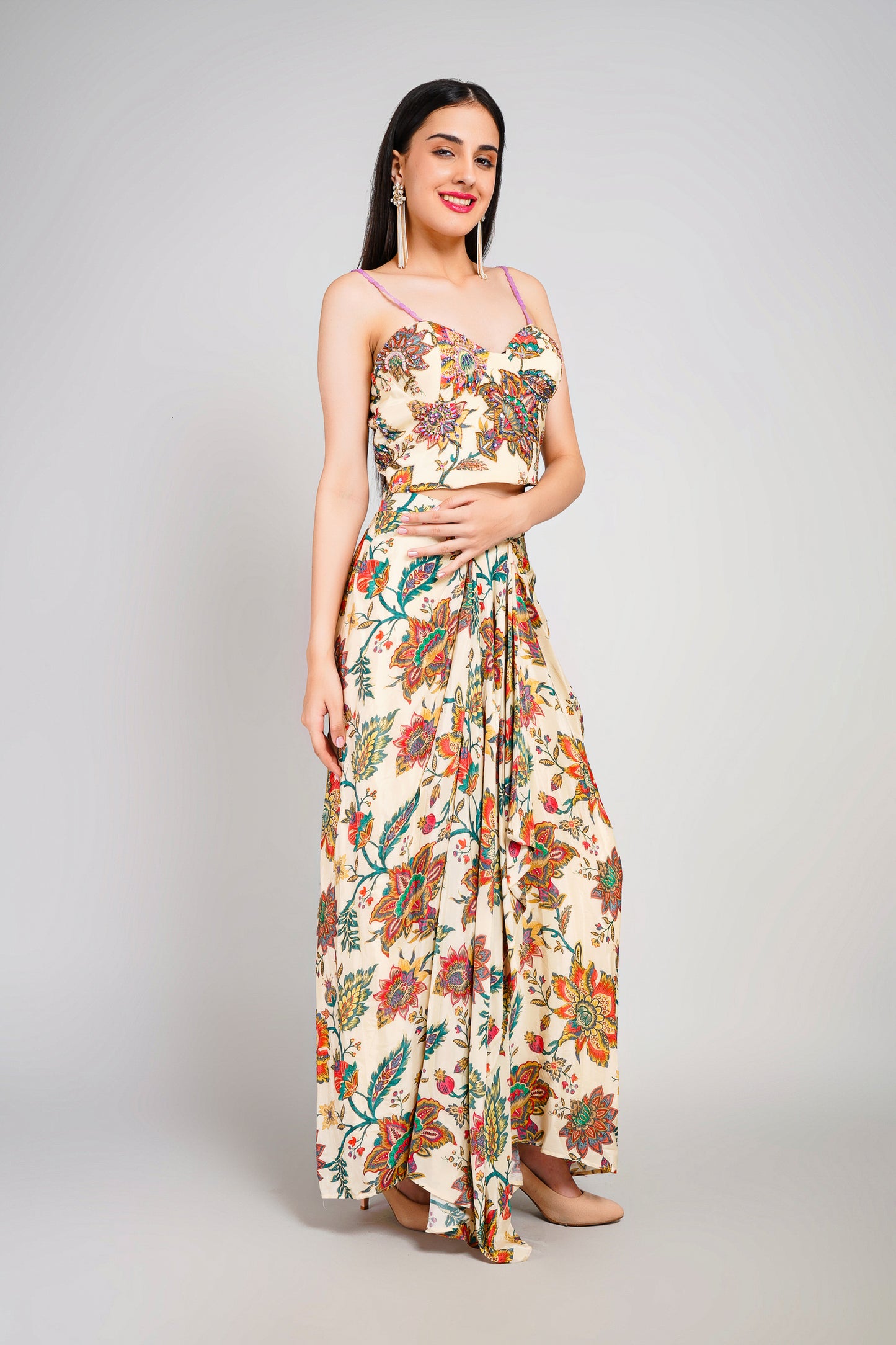 Floral Fiesta Drape Sarong Set with Corset Blouse