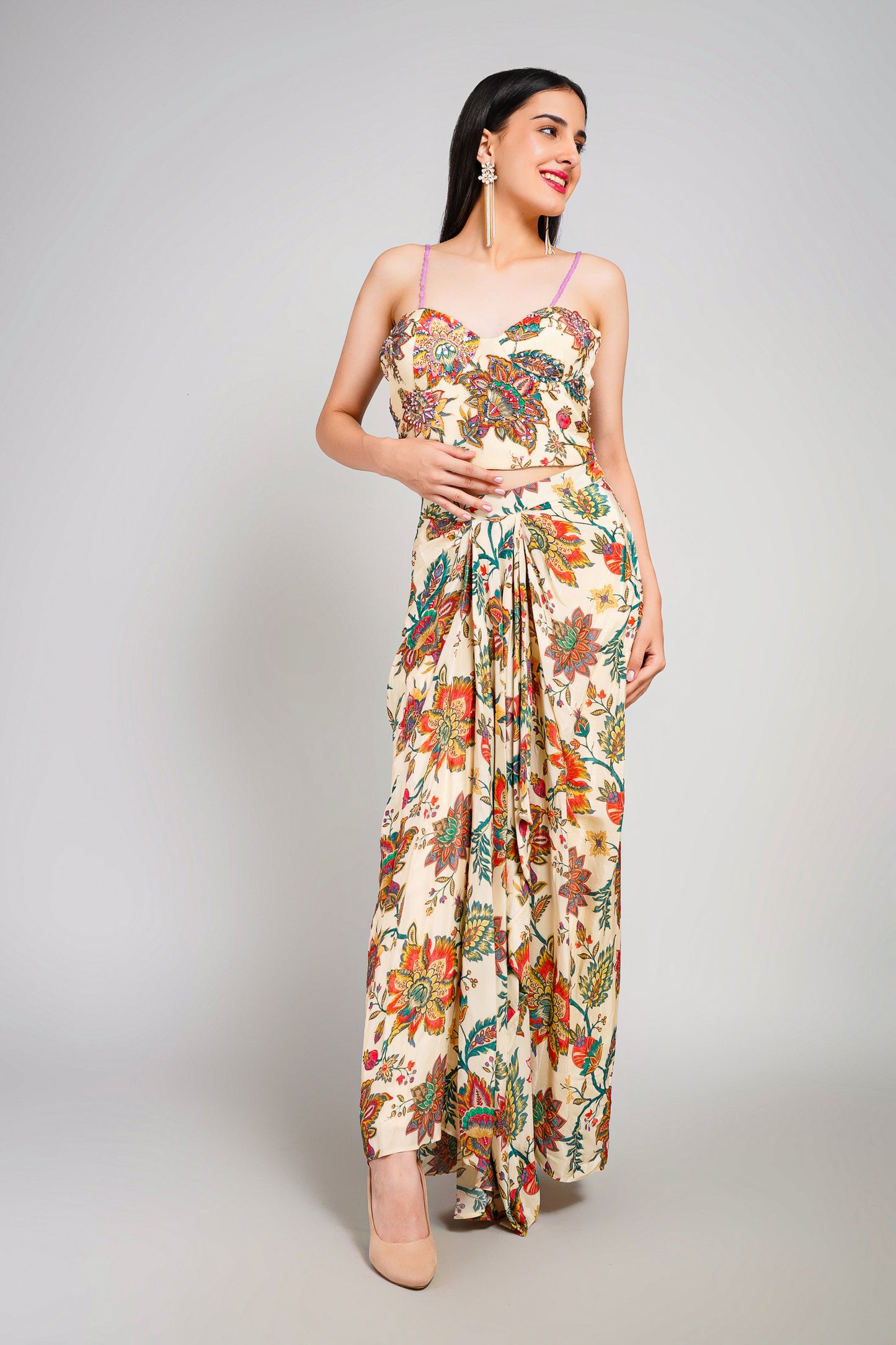 Floral Fiesta Drape Sarong Set with Corset Blouse