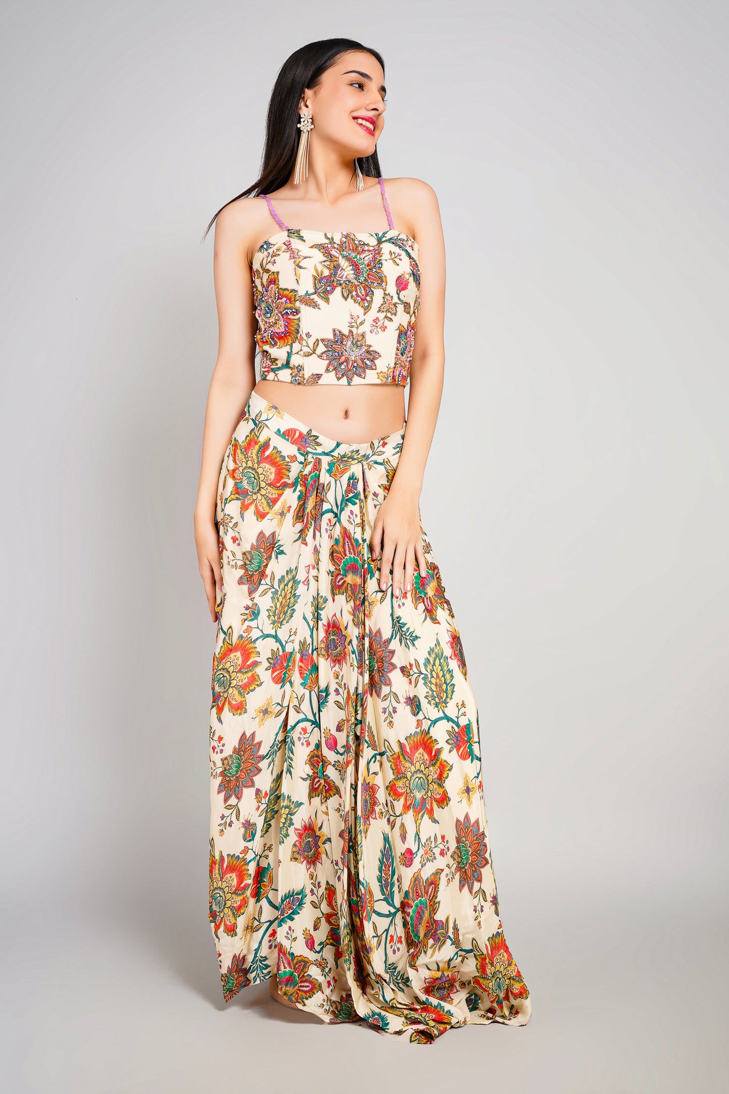 Floral Fiesta Drape Sarong Set with Corset Blouse