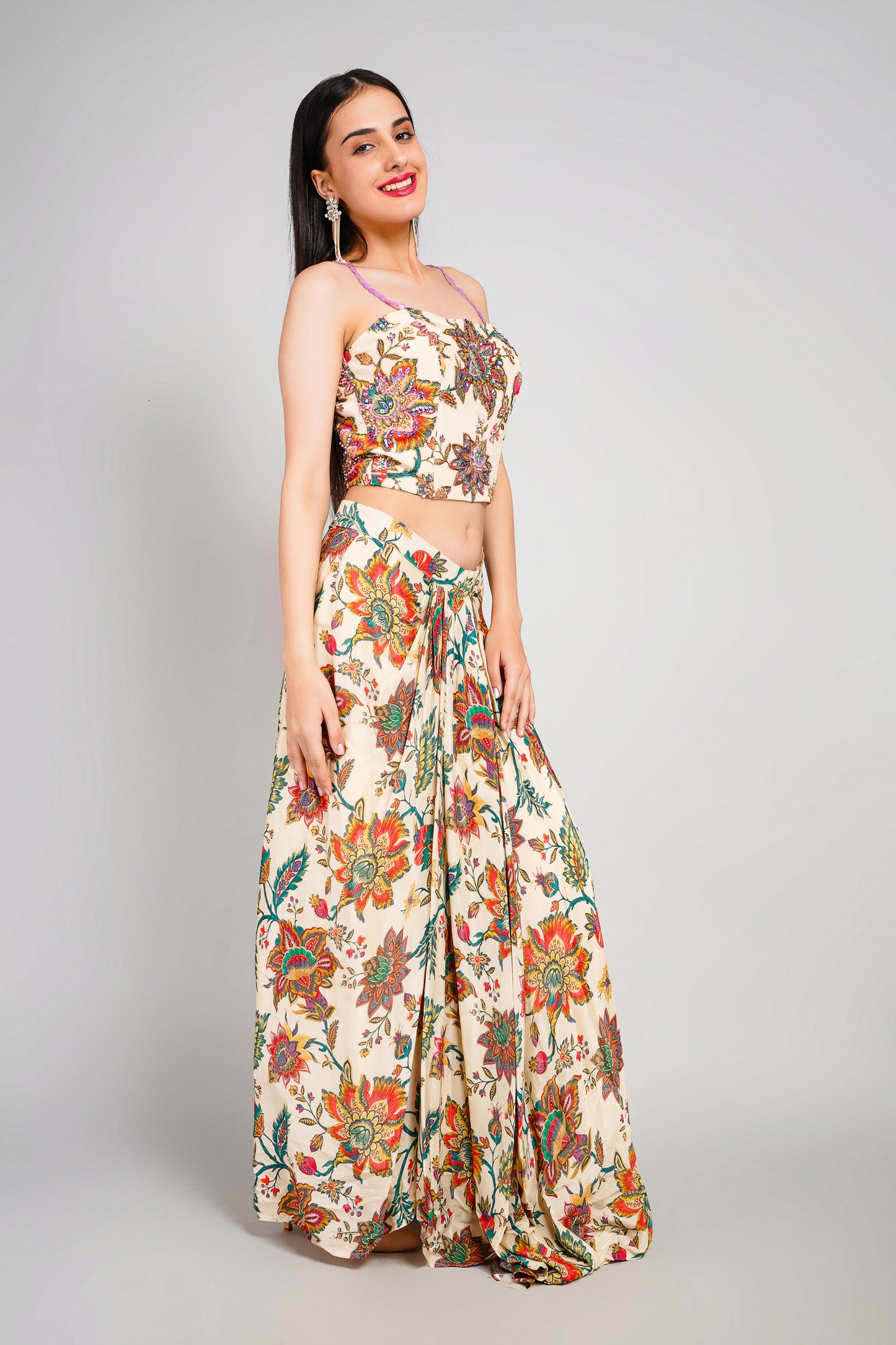 Floral Fiesta Drape Sarong Set with Corset Blouse
