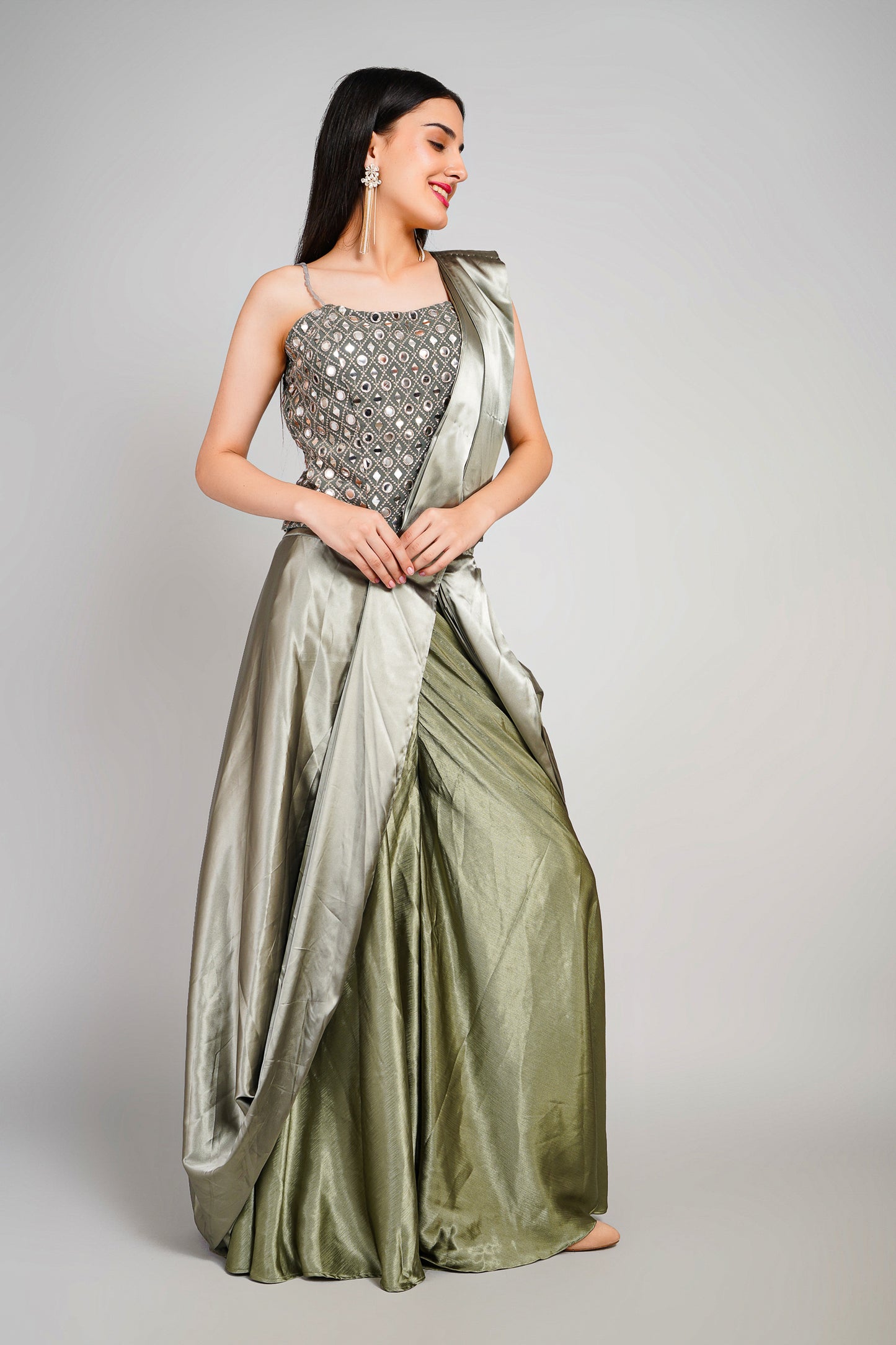 Olive Aura 3 Piece Drape Saree Set