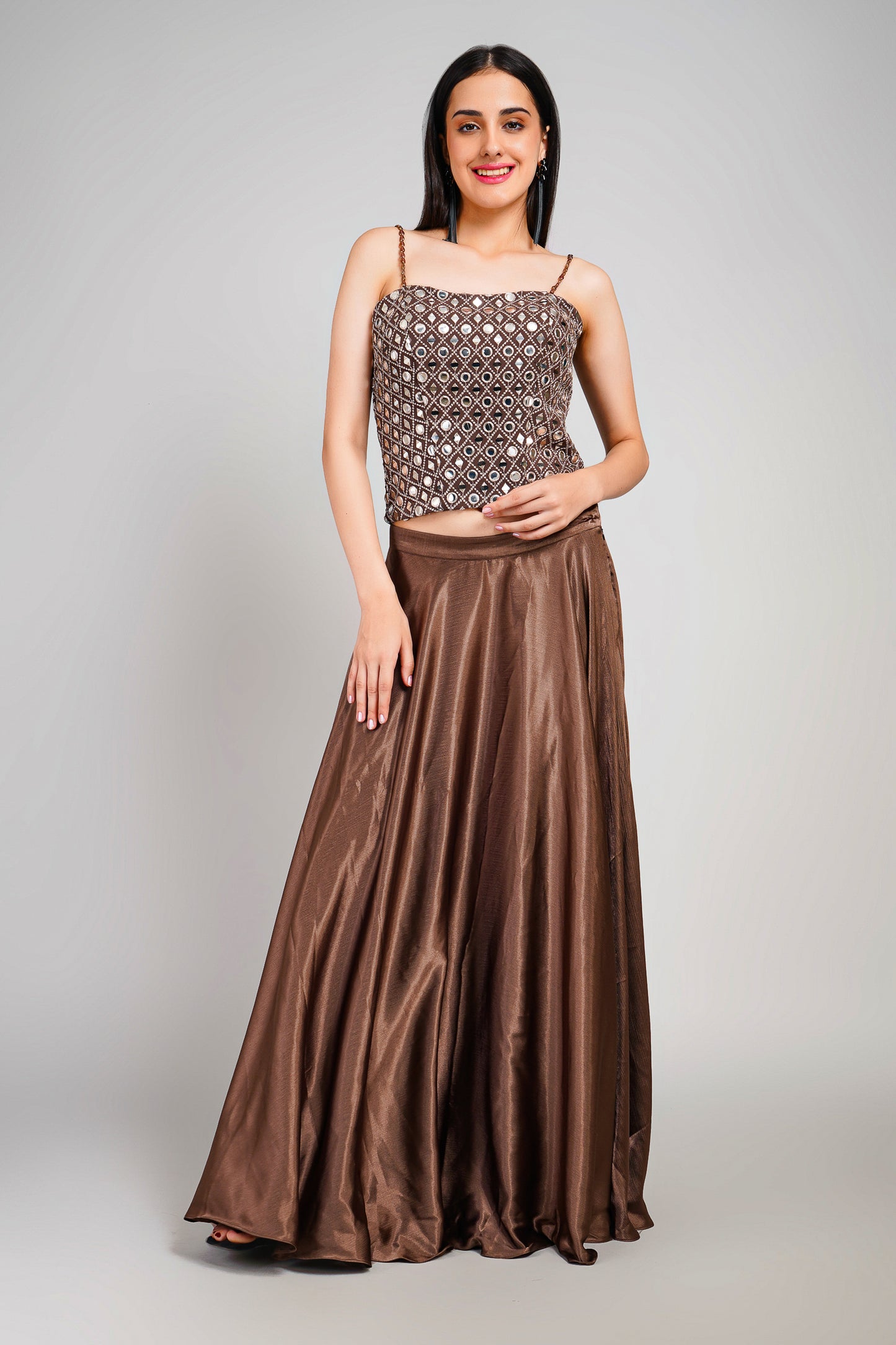 Cocoa Sheen 3 Piece Drape Saree Set