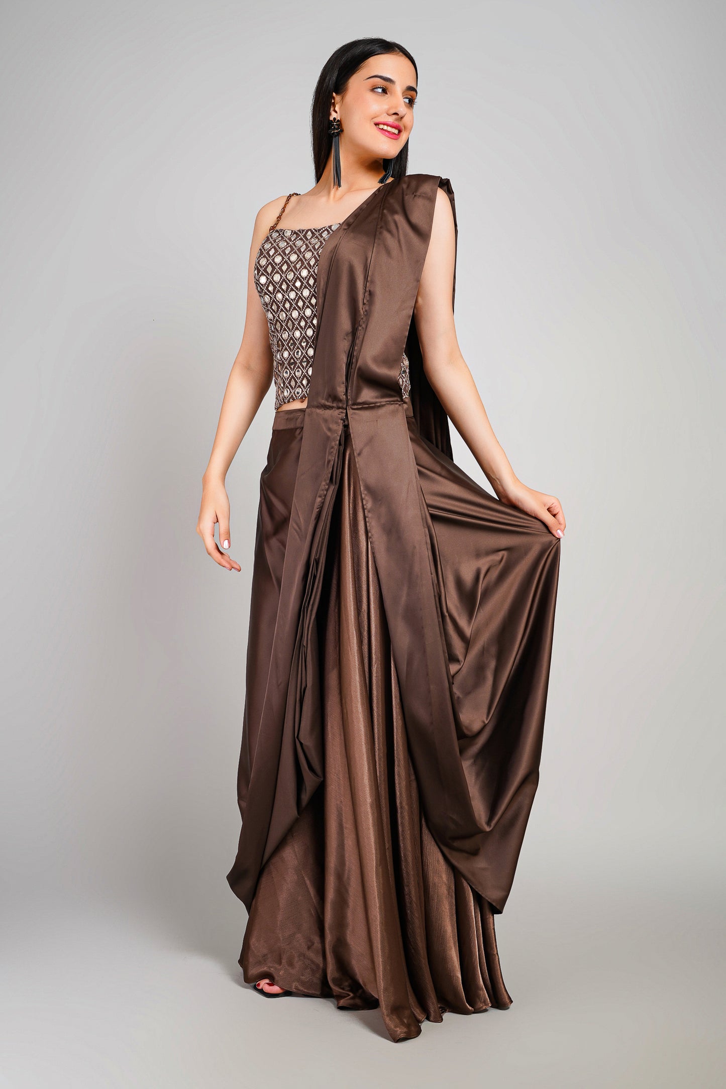 Cocoa Sheen 3 Piece Drape Saree Set
