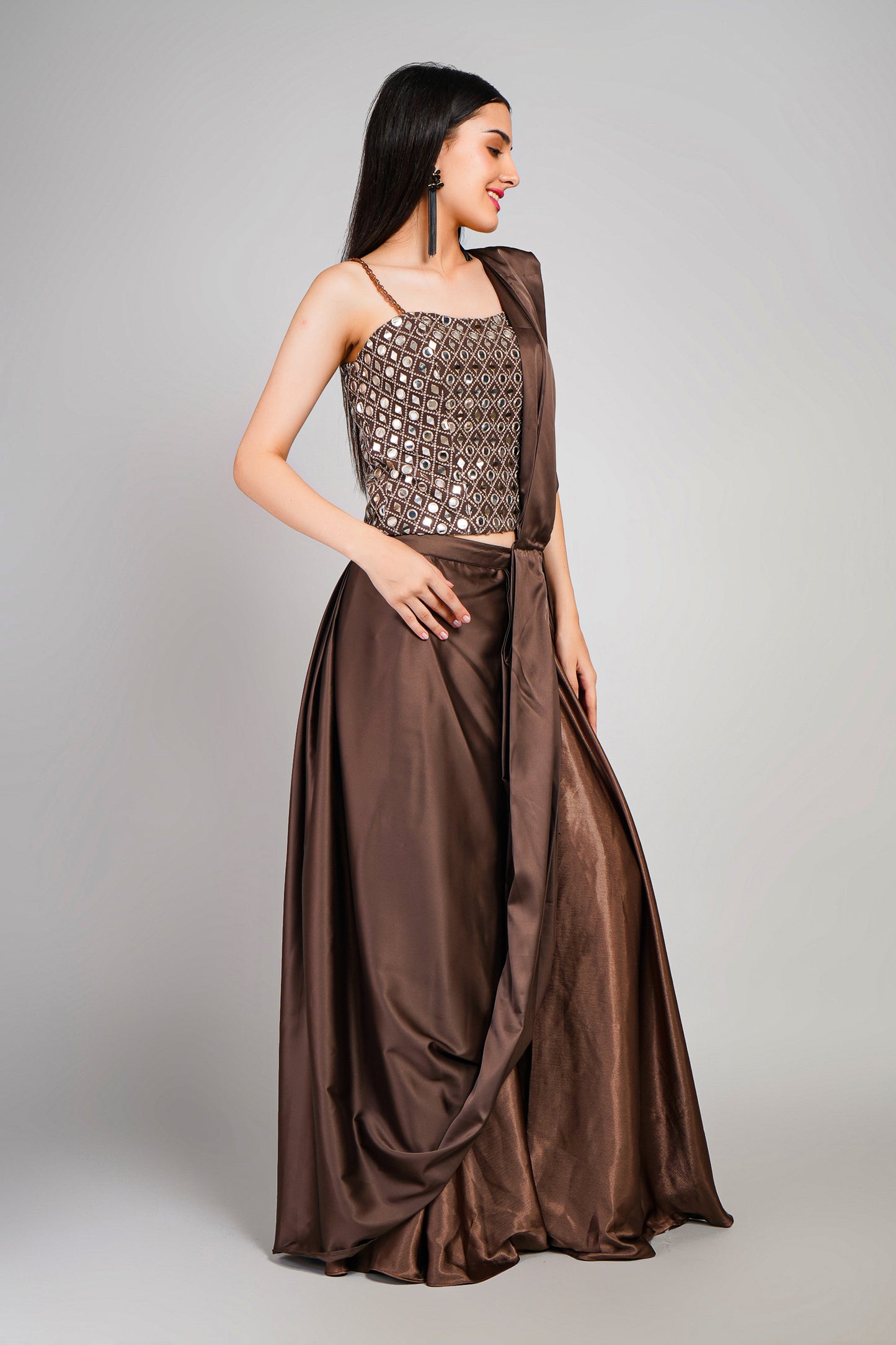 Cocoa Sheen 3 Piece Drape Saree Set