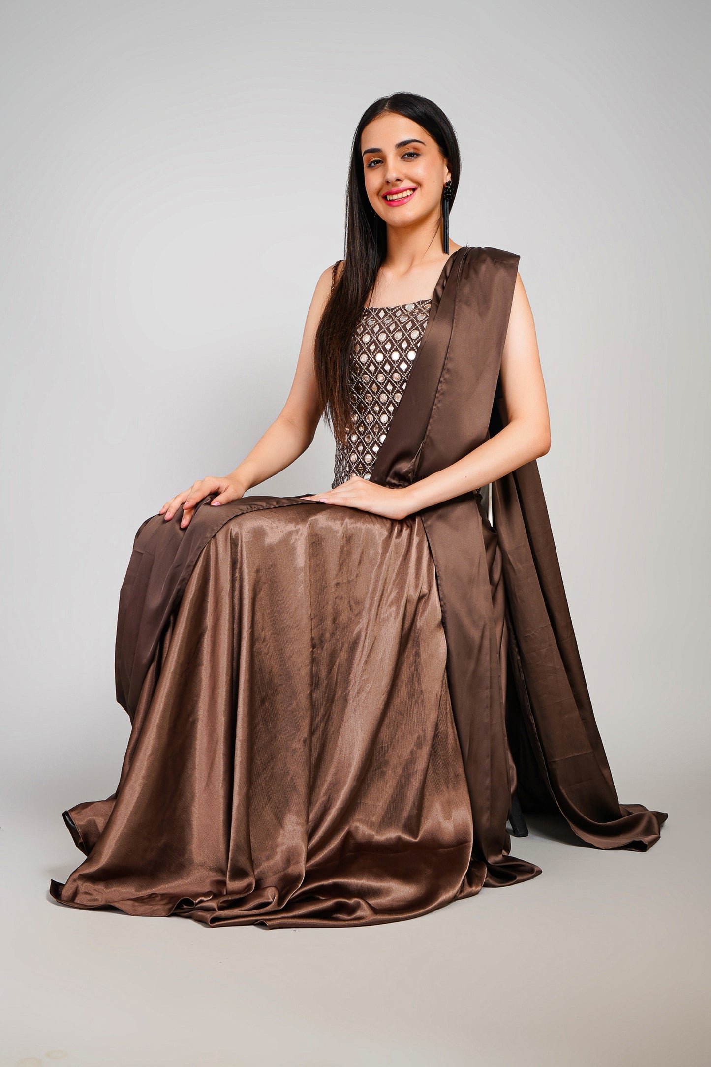Cocoa Sheen 3 Piece Drape Saree Set