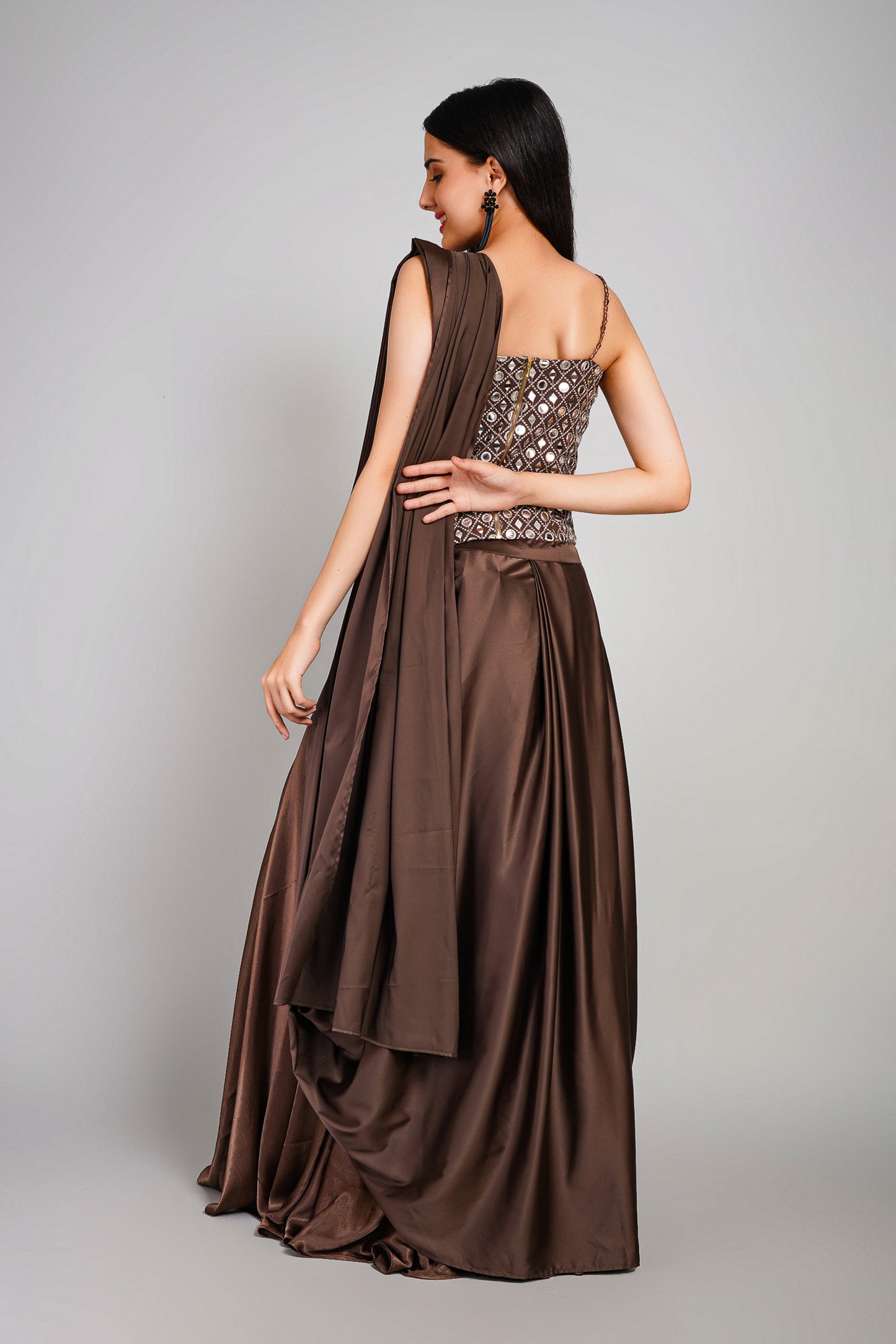 Cocoa Sheen 3 Piece Drape Saree Set
