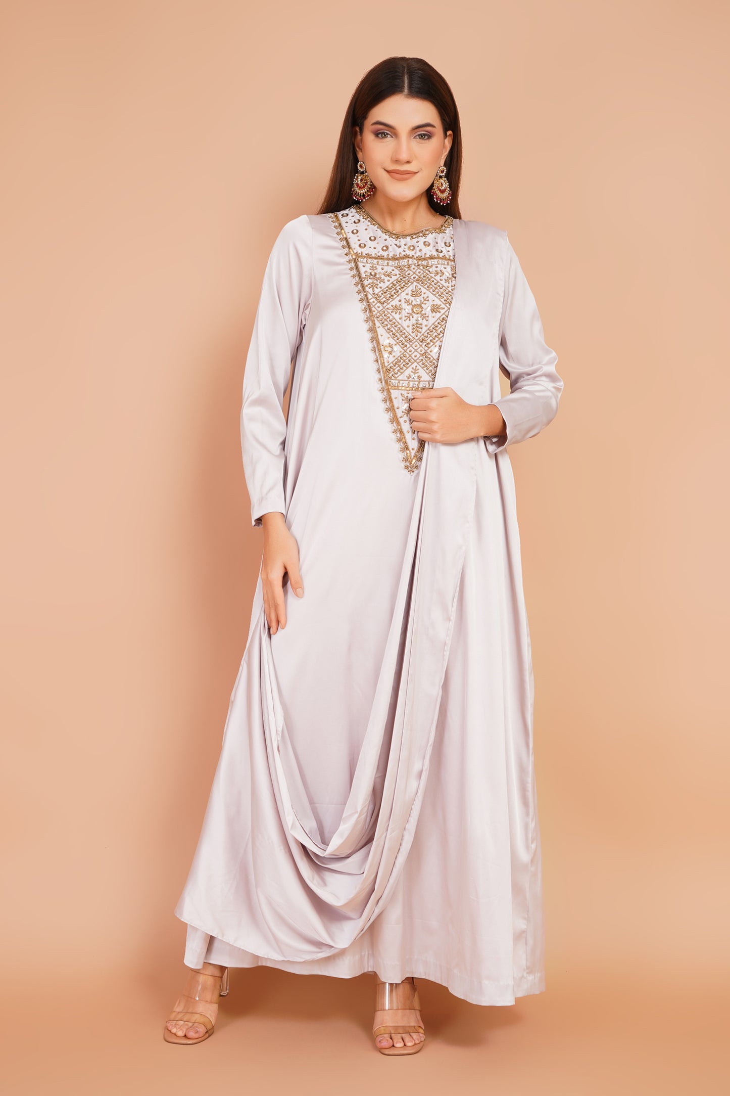 Cream Embroidered Pre-Draped Dress