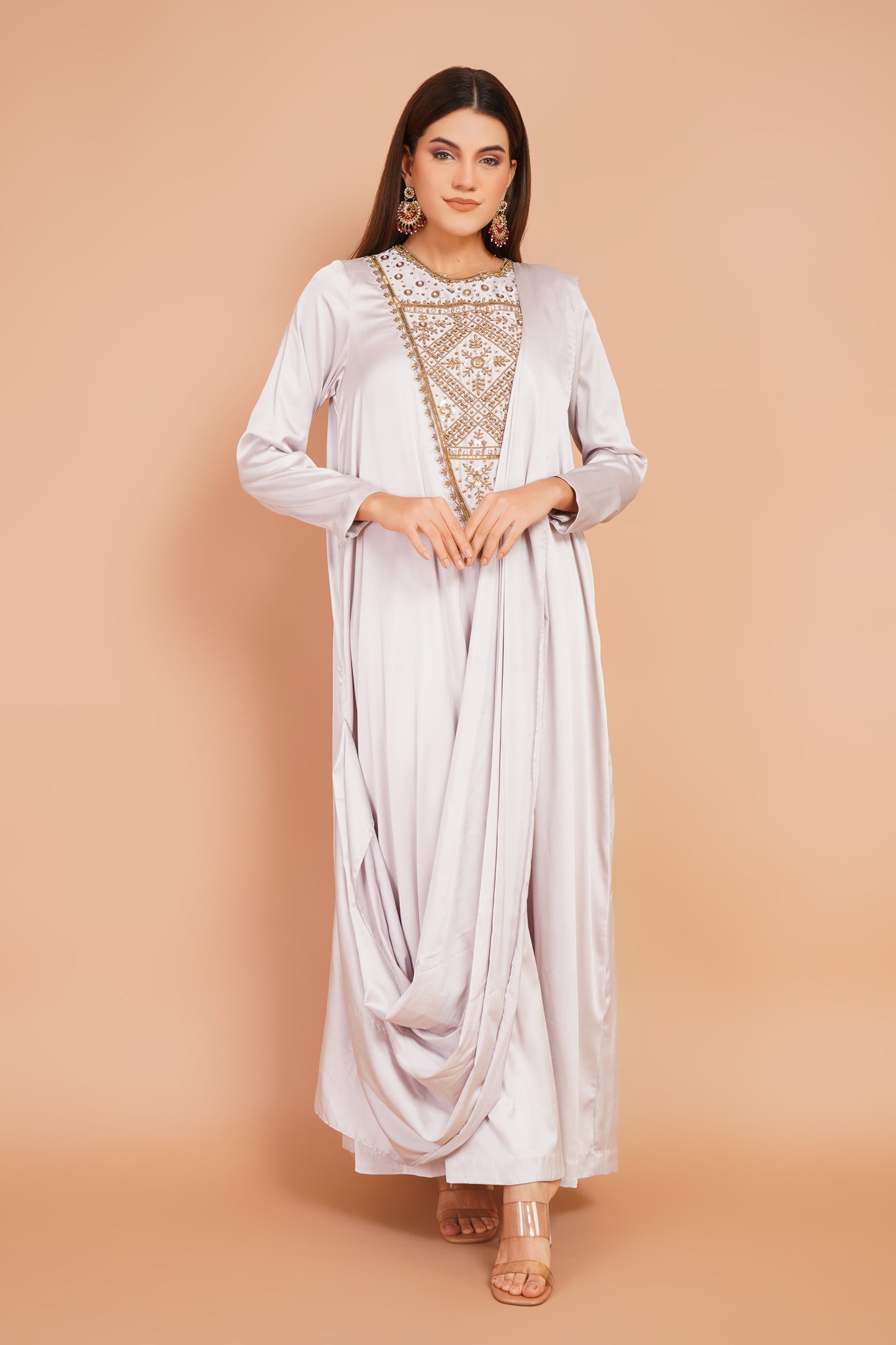 Cream Embroidered Pre-Draped Dress