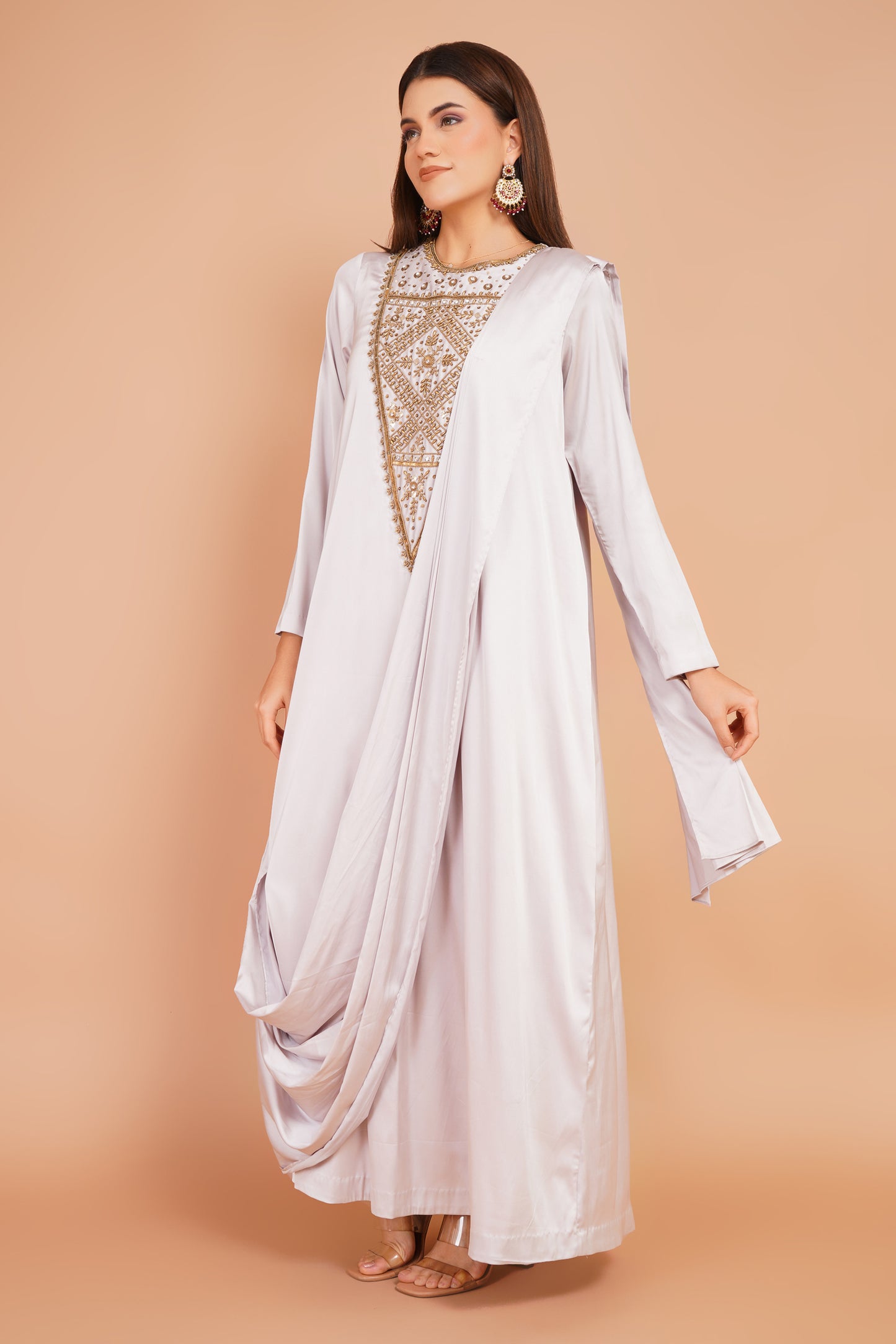 Cream Embroidered Pre-Draped Dress