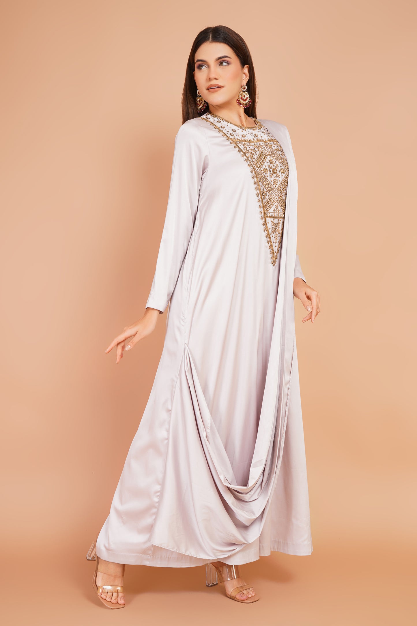 Cream Embroidered Pre-Draped Dress