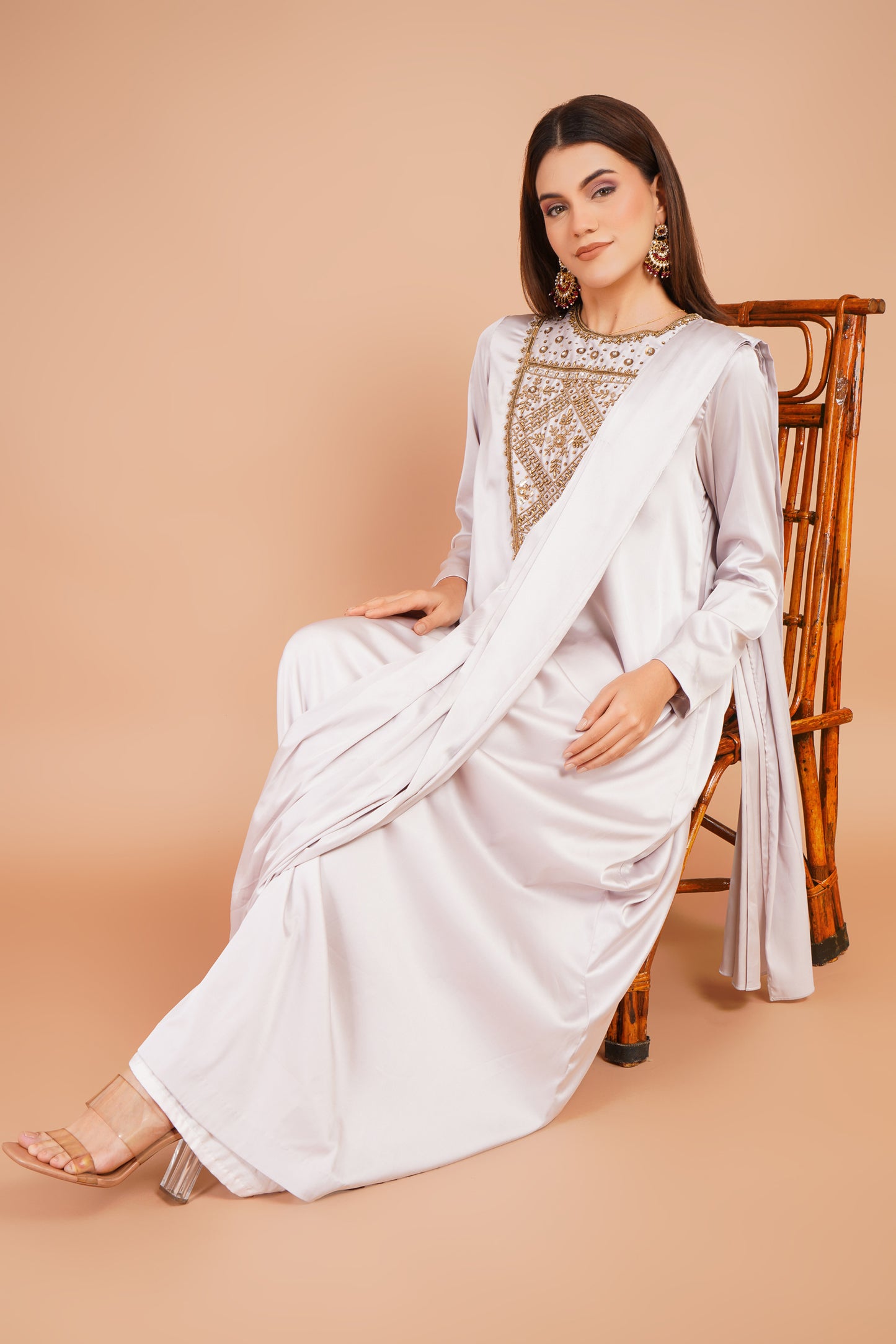 Cream Embroidered Pre-Draped Dress