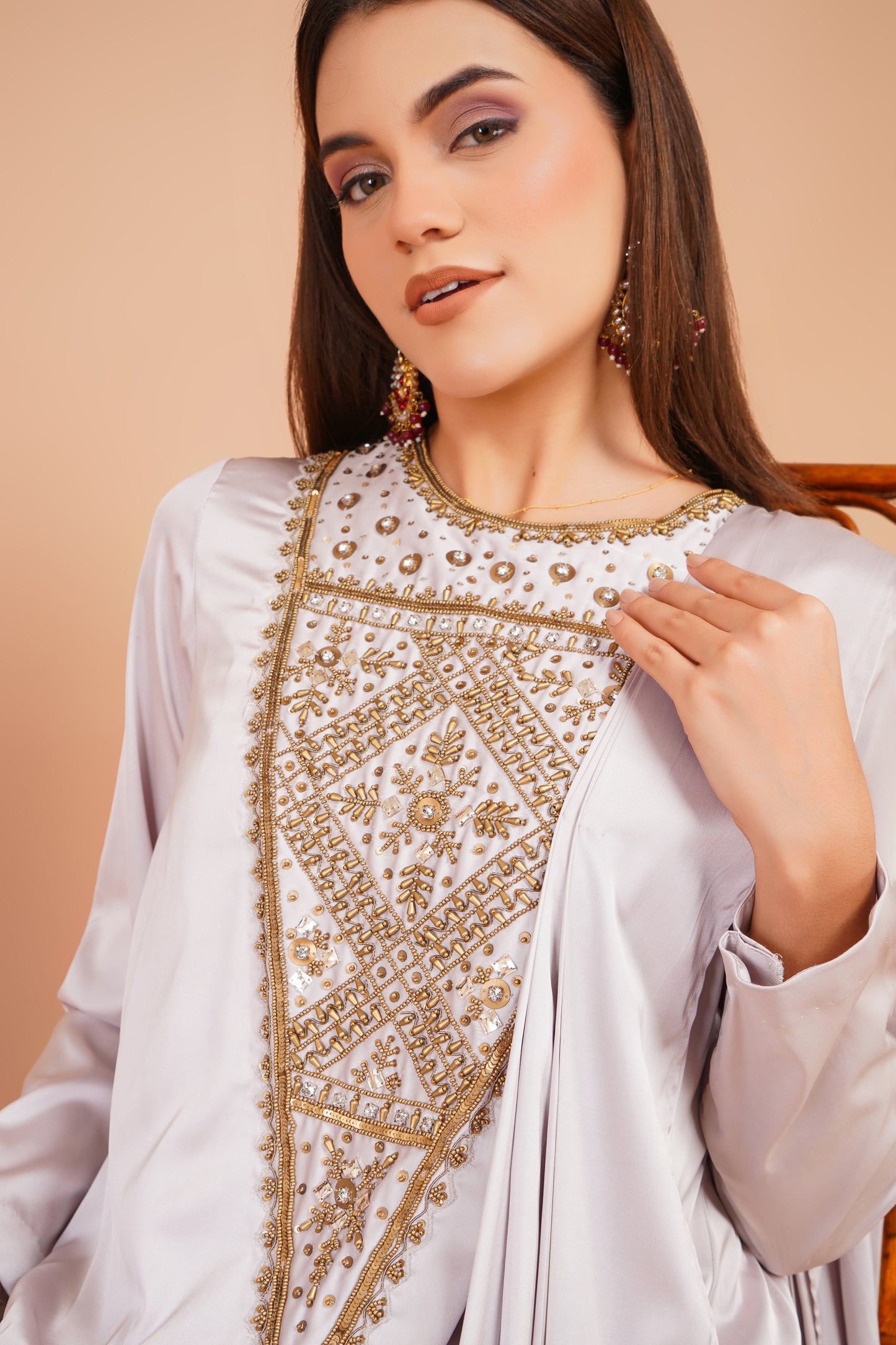 Cream Embroidered Pre-Draped Dress