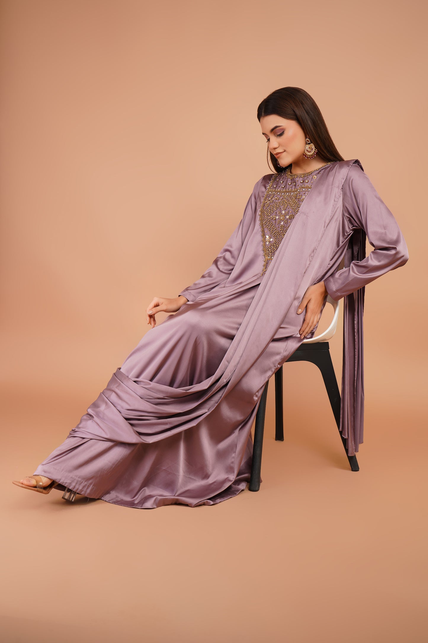 Smoky Lavender Embroidered Pre-Draped Dress
