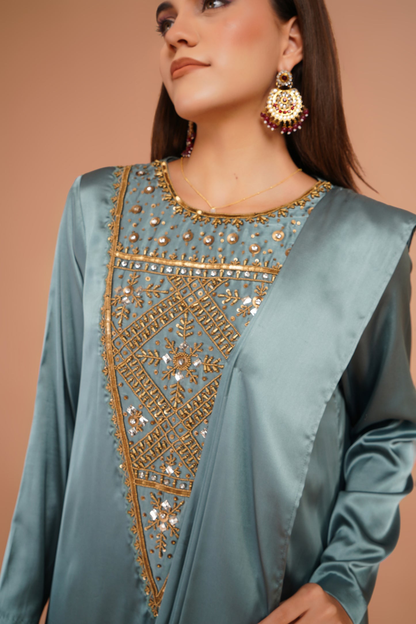 Embroidered Pre-Draped Dress