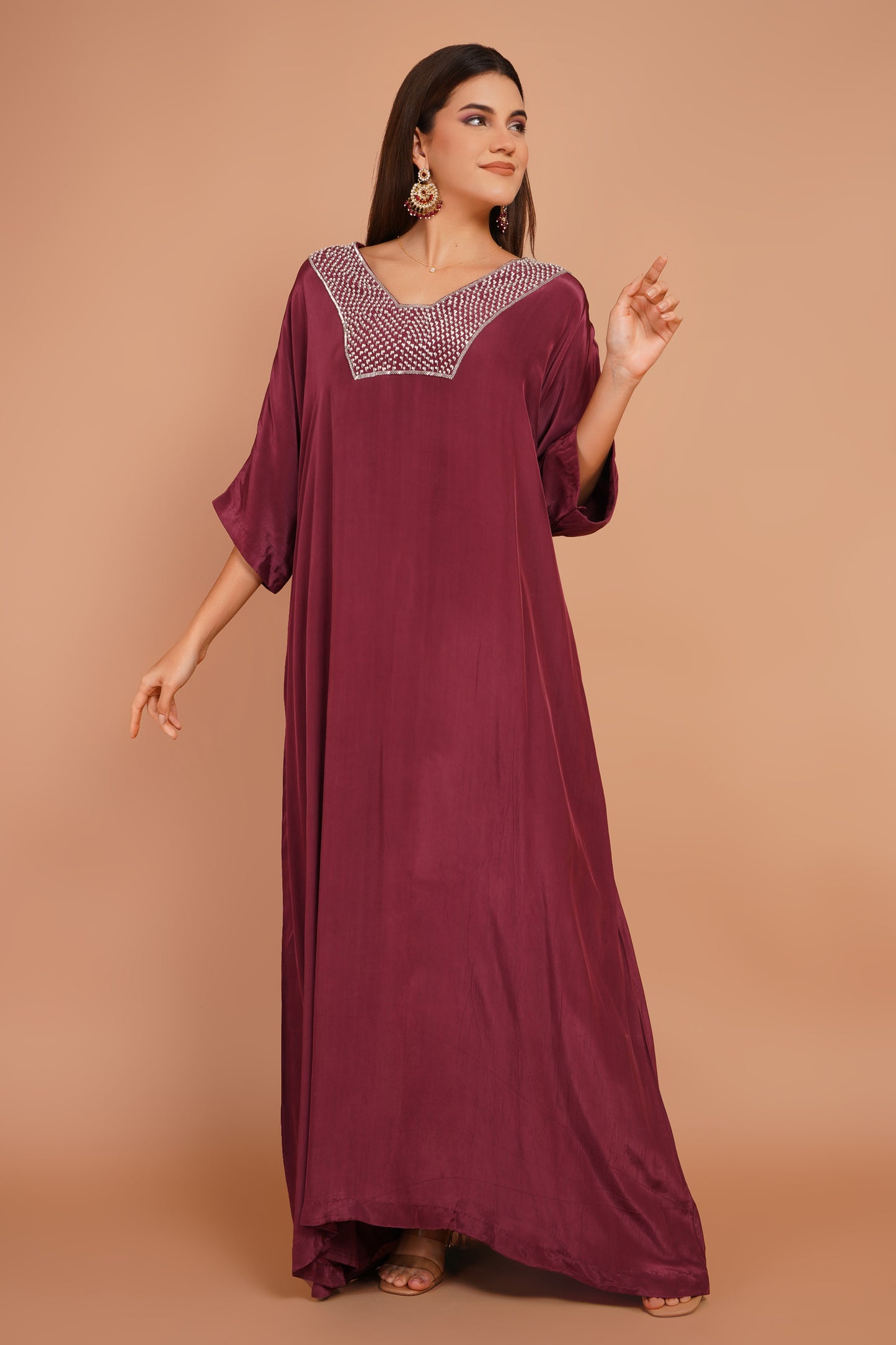 Berry Wine Neck Embroidered Kaftan
