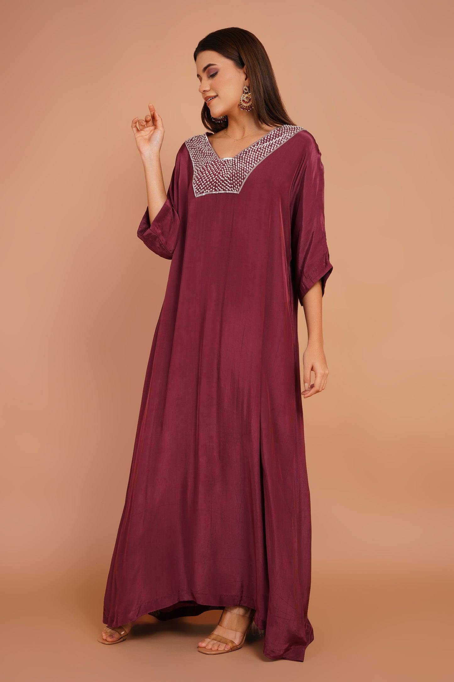 Berry Wine Neck Embroidered Kaftan