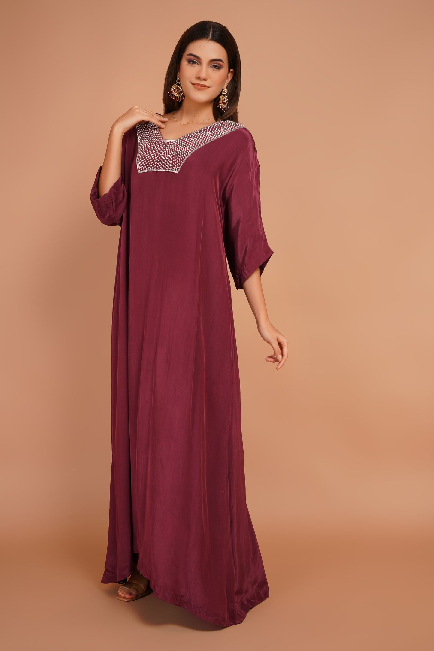 Berry Wine Neck Embroidered Kaftan