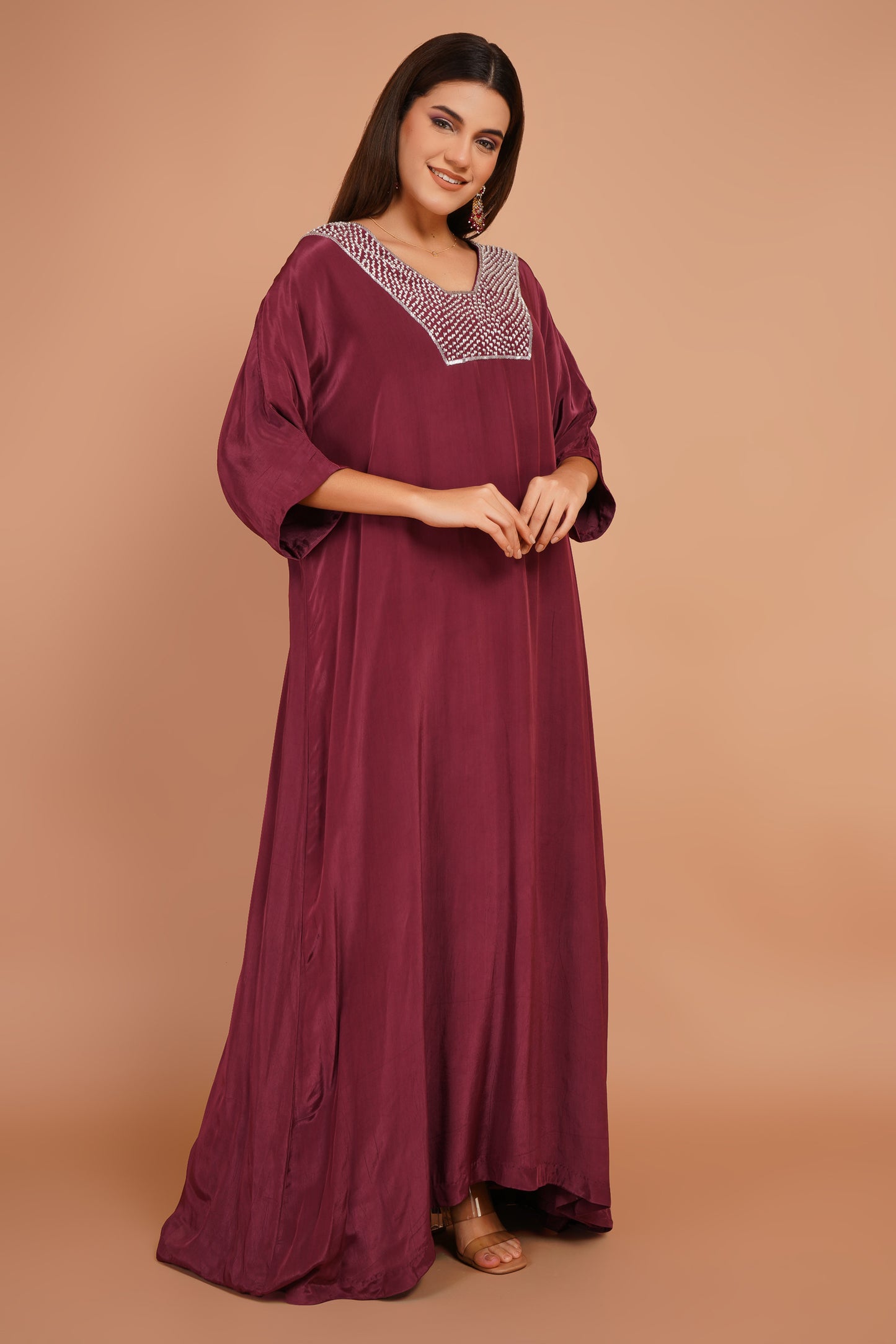 Berry Wine Neck Embroidered Kaftan