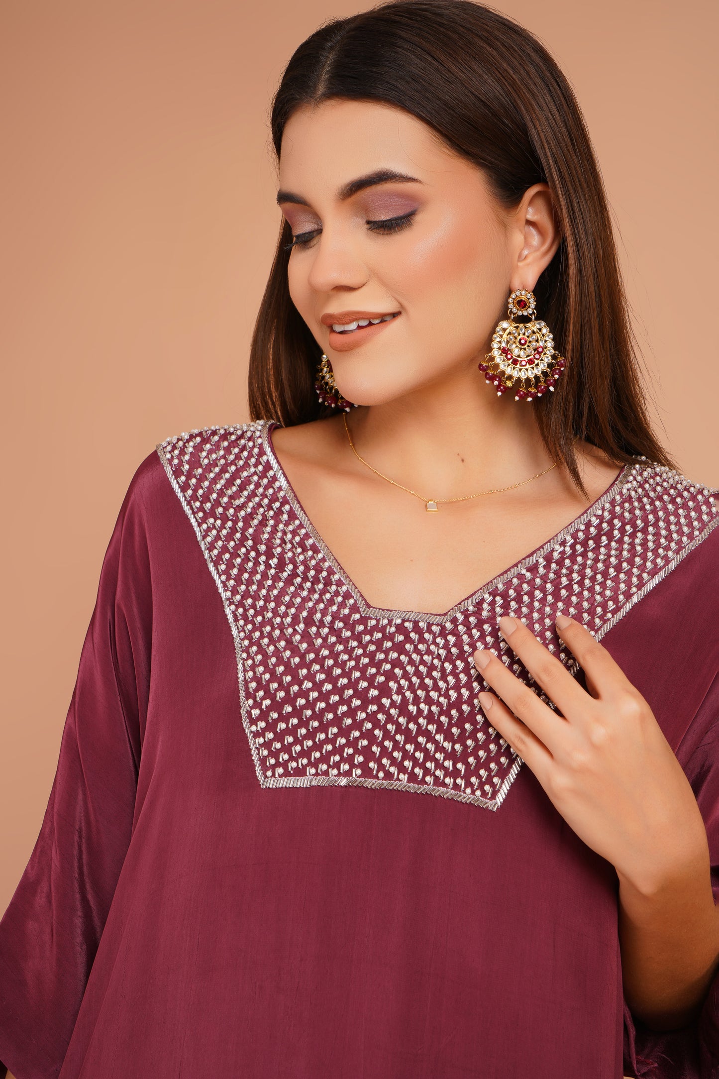 Berry Wine Neck Embroidered Kaftan